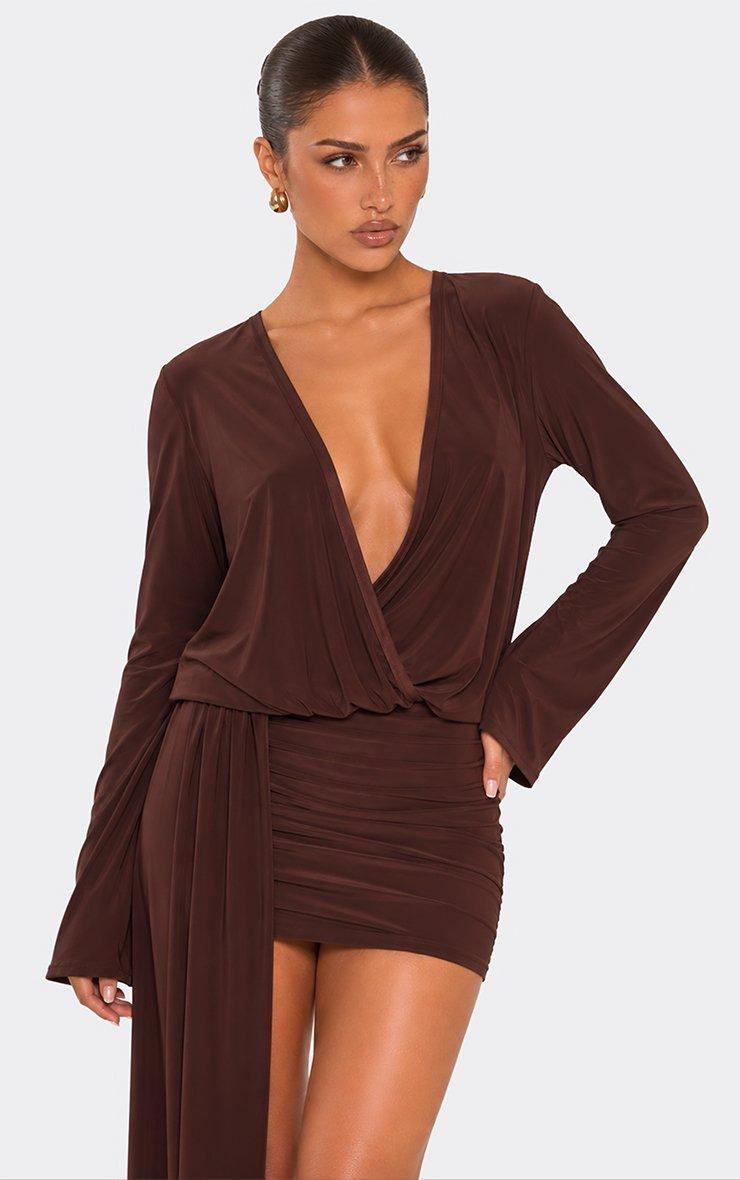 Long Sleeve Plunge Drape Front Blouson Mini Dress In Chocolate Brown Slinky.