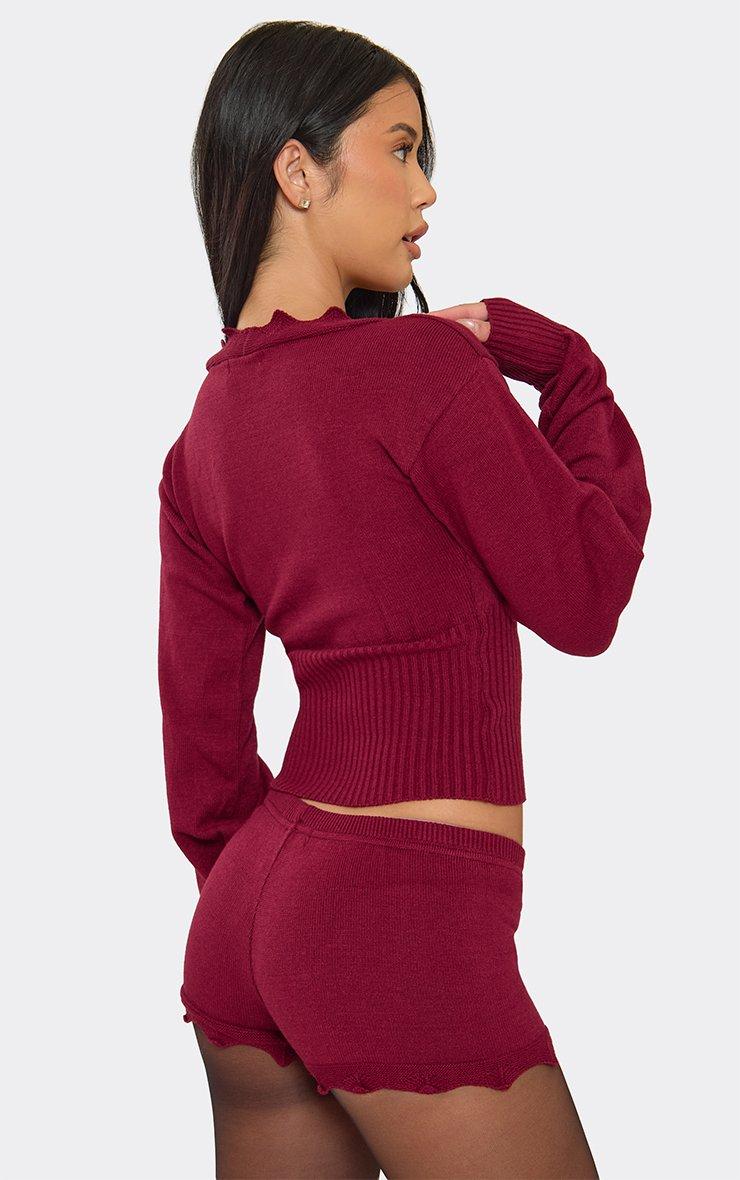 Long Balloon Sleeve Plunge Front Scallop Hem Top In Burgundy Knit
