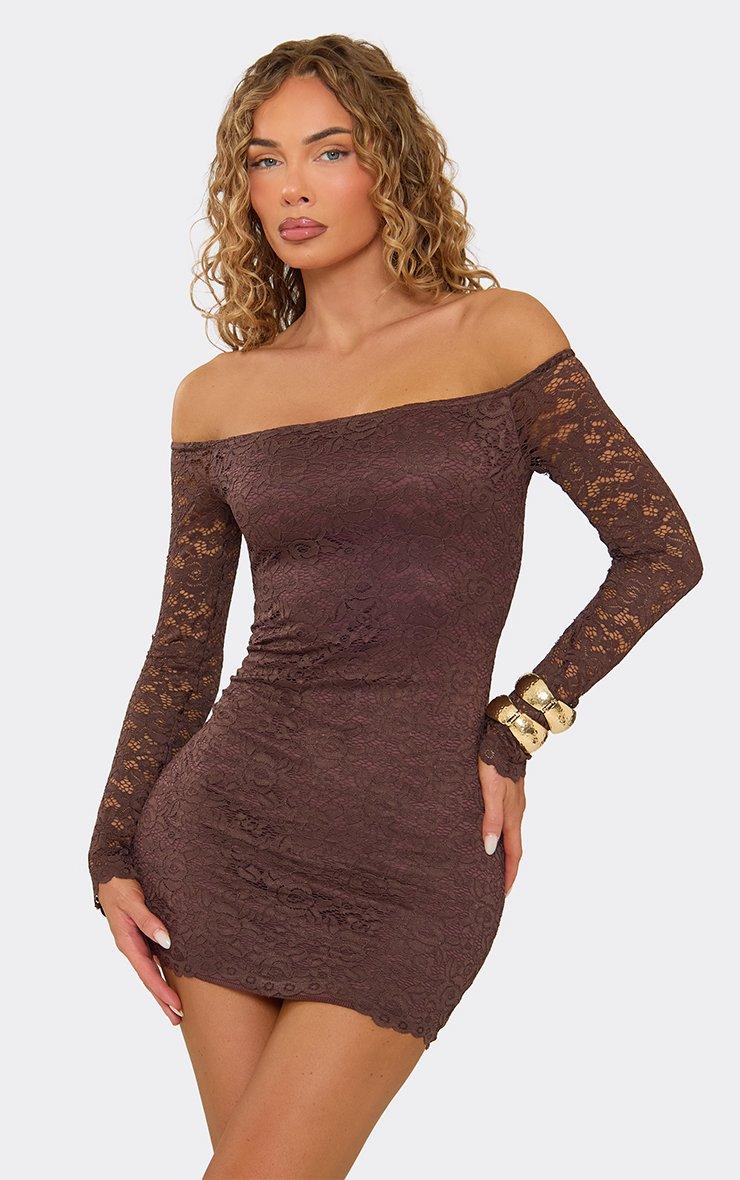 Long Sleeve Bardot Mini Dress In Chocolate Brown Lace
