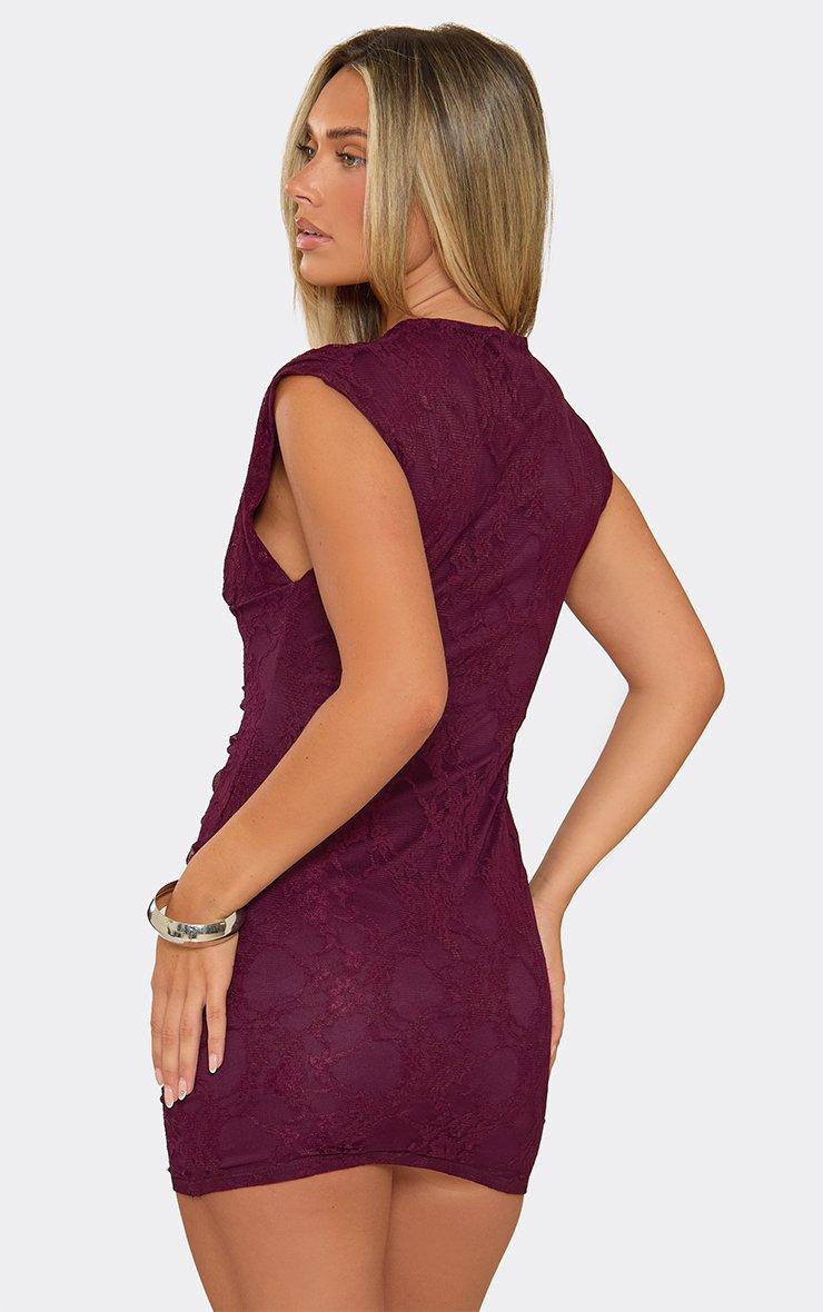 Sleeveless Plunge Front Ruched Detail Mini Dress In Plum Lace.