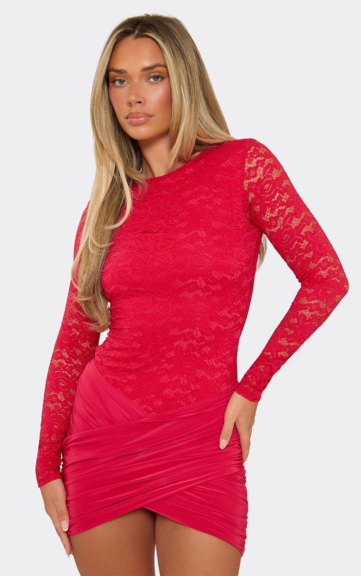 Long Sleeve Contrast Slinky Wrap Front Mini Dress In Red Lace.