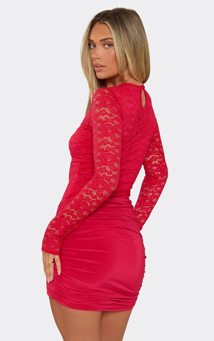 Long Sleeve Contrast Slinky Wrap Front Mini Dress In Red Lace.