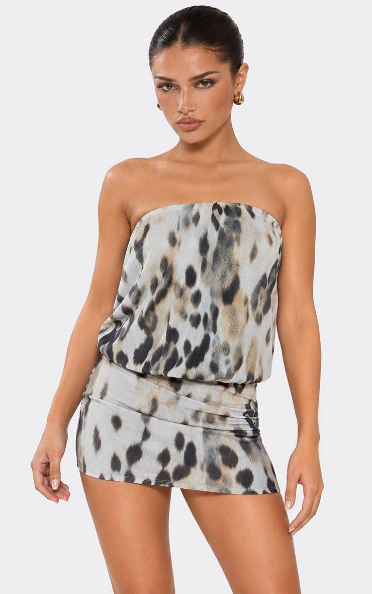 Bandeau Blouson Mini Dress In Multi Animal Print.