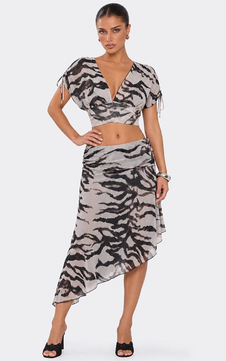 Short Ruched Tie Sleeve Top In Black Animal Print