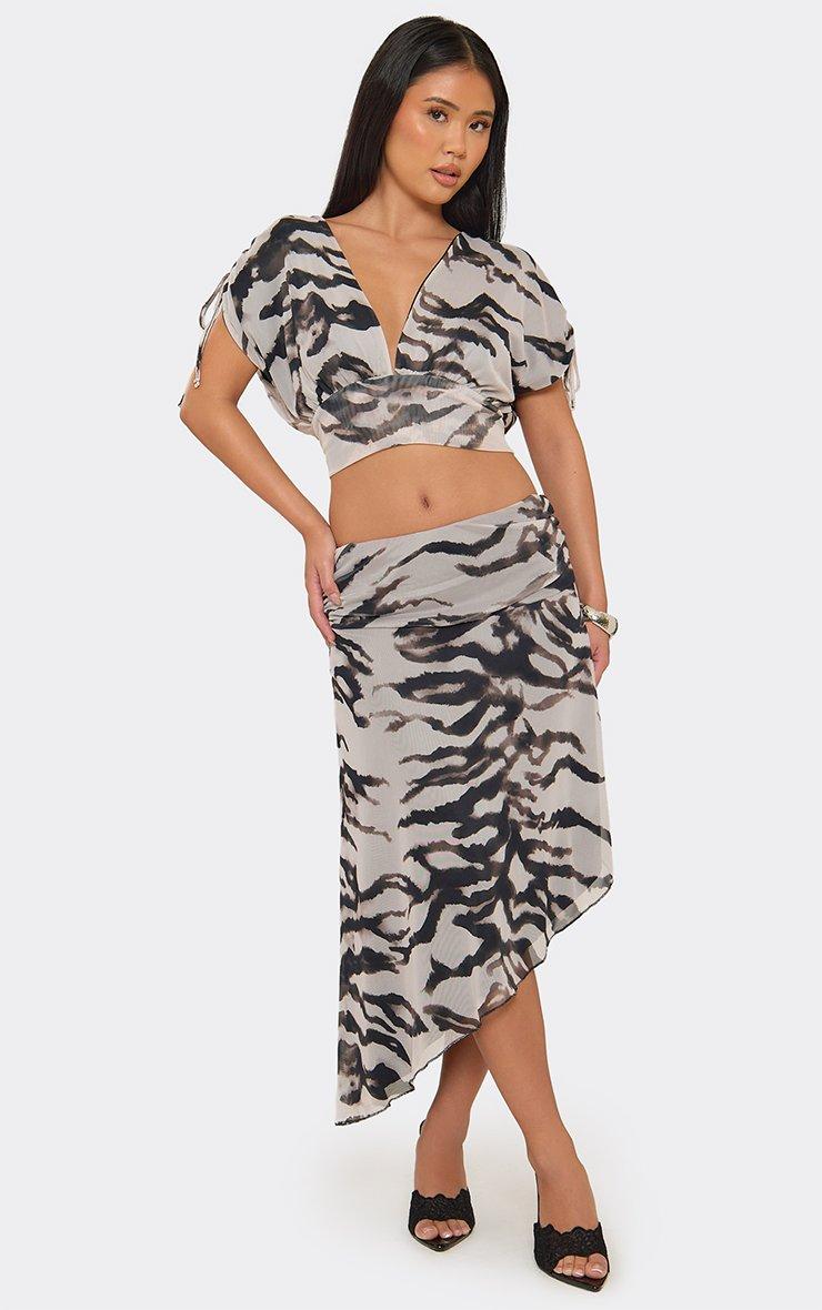 Short Ruched Tie Sleeve Top In Black Animal Print.
