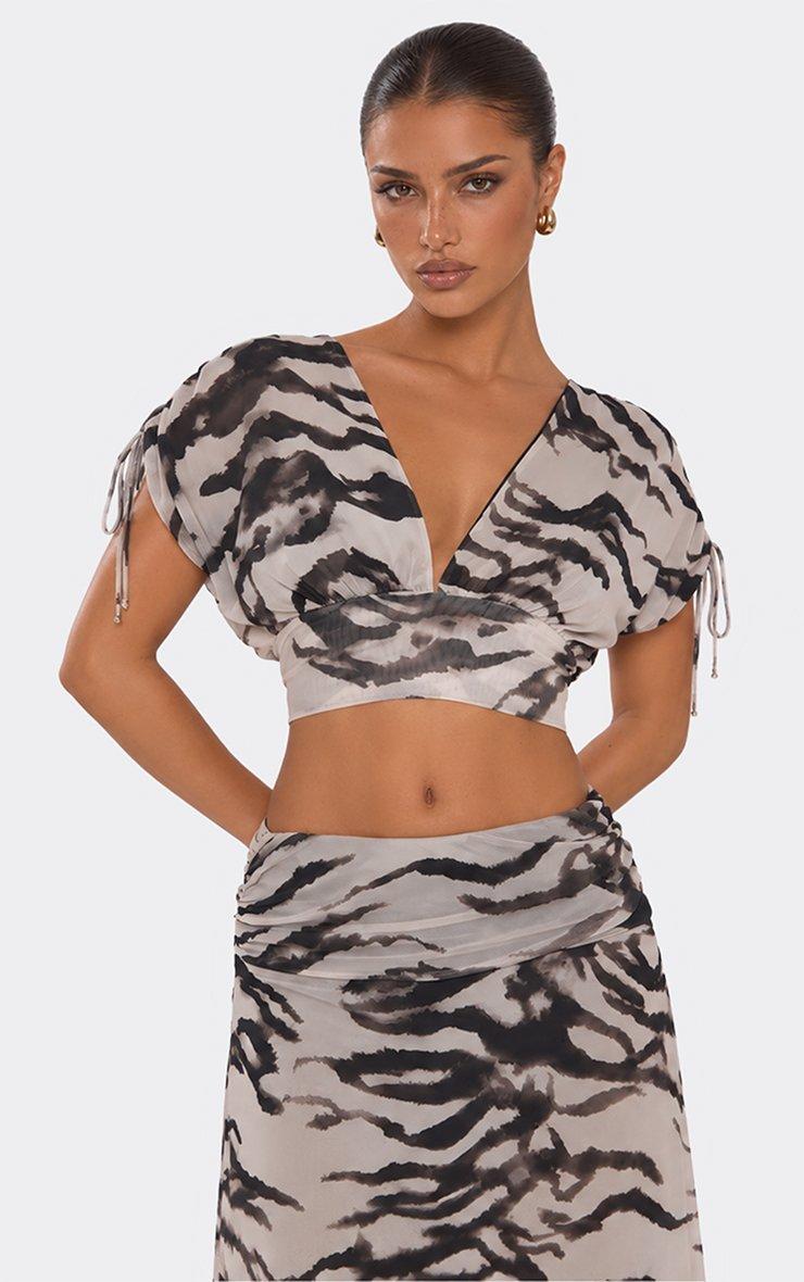 Short Ruched Tie Sleeve Top In Black Animal Print