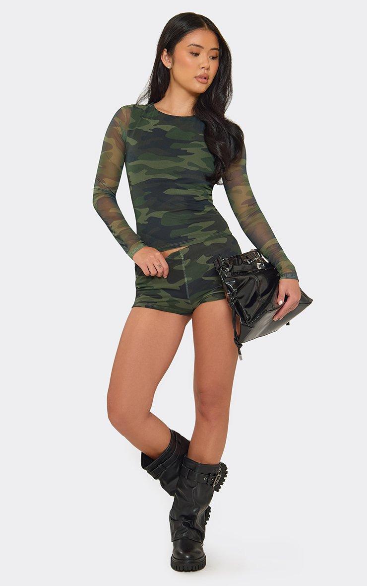 Long Mesh Sleeve Top In Green Camo Print.