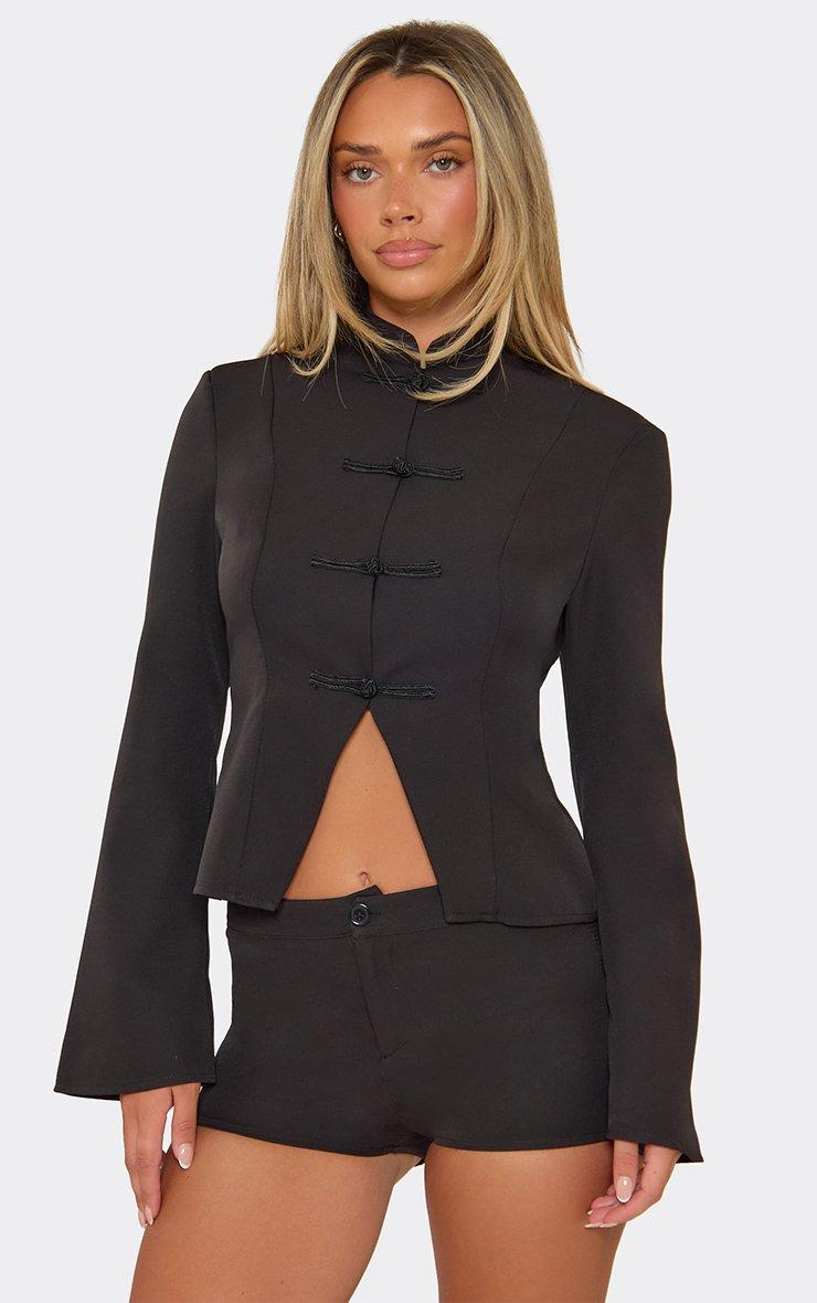 Long Sleeve Trim Detail Split Hem Tailored Top In Black.