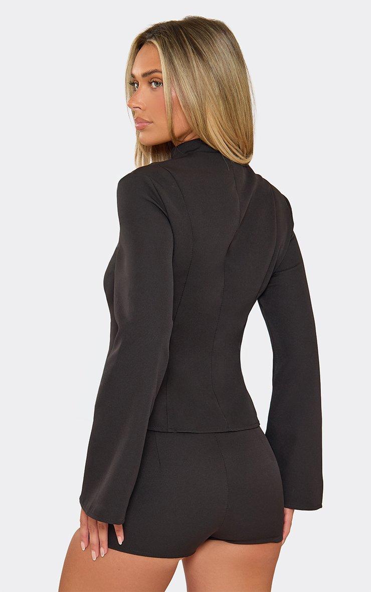 Long Sleeve Trim Detail Split Hem Tailored Top In Black.