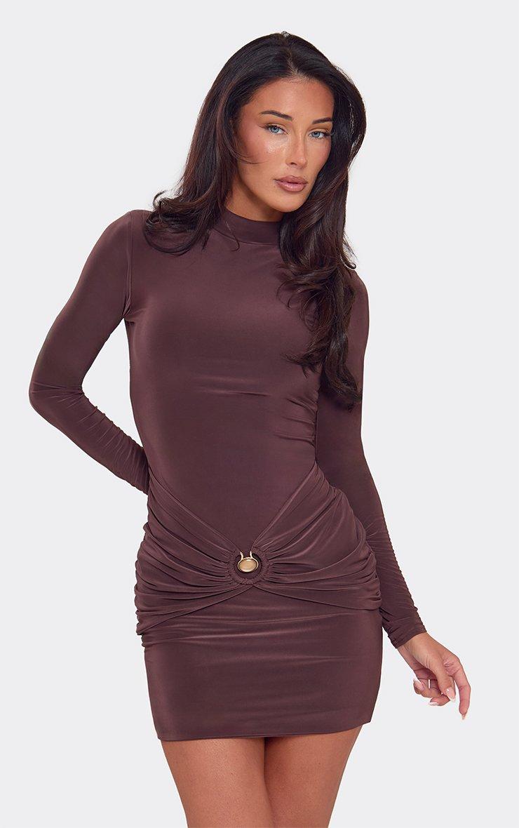 Long Sleeve High Neck Trim Front Mini Dress In Chocolate Brown Slinky