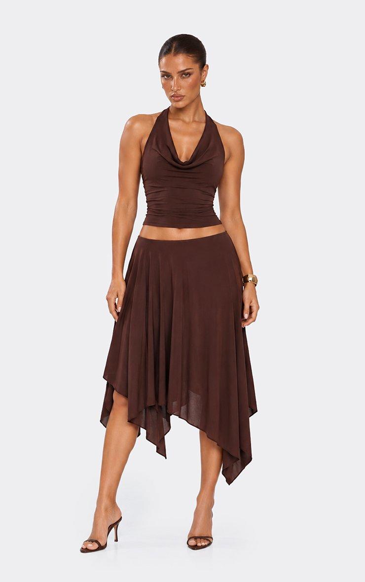 Mid Rise Frilly Asymmetric Hem Midi Skirt In Chocolate Brown Slinky