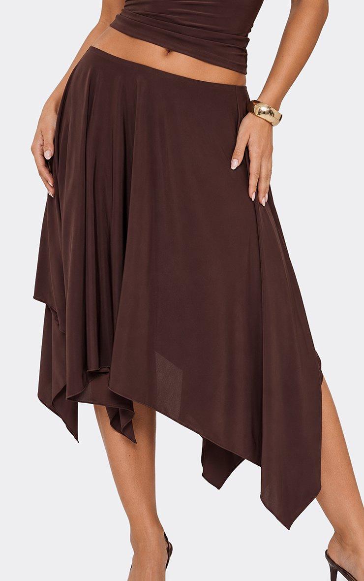 Mid Rise Frilly Asymmetric Hem Midi Skirt In Chocolate Brown Slinky
