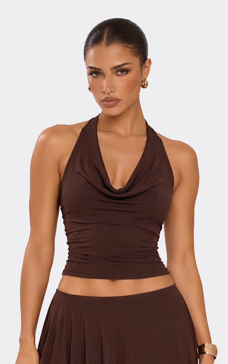 Halterneck Cowl Front Top In Chocolate Brown Slinky