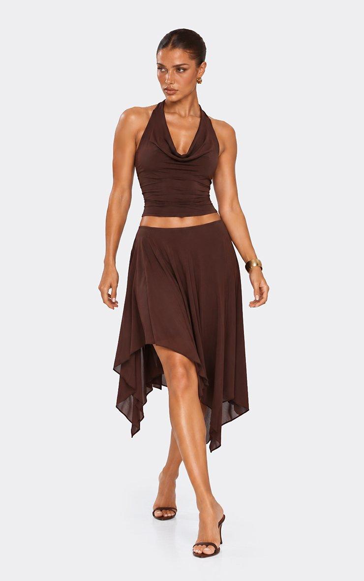 Halterneck Cowl Front Top In Chocolate Brown Slinky