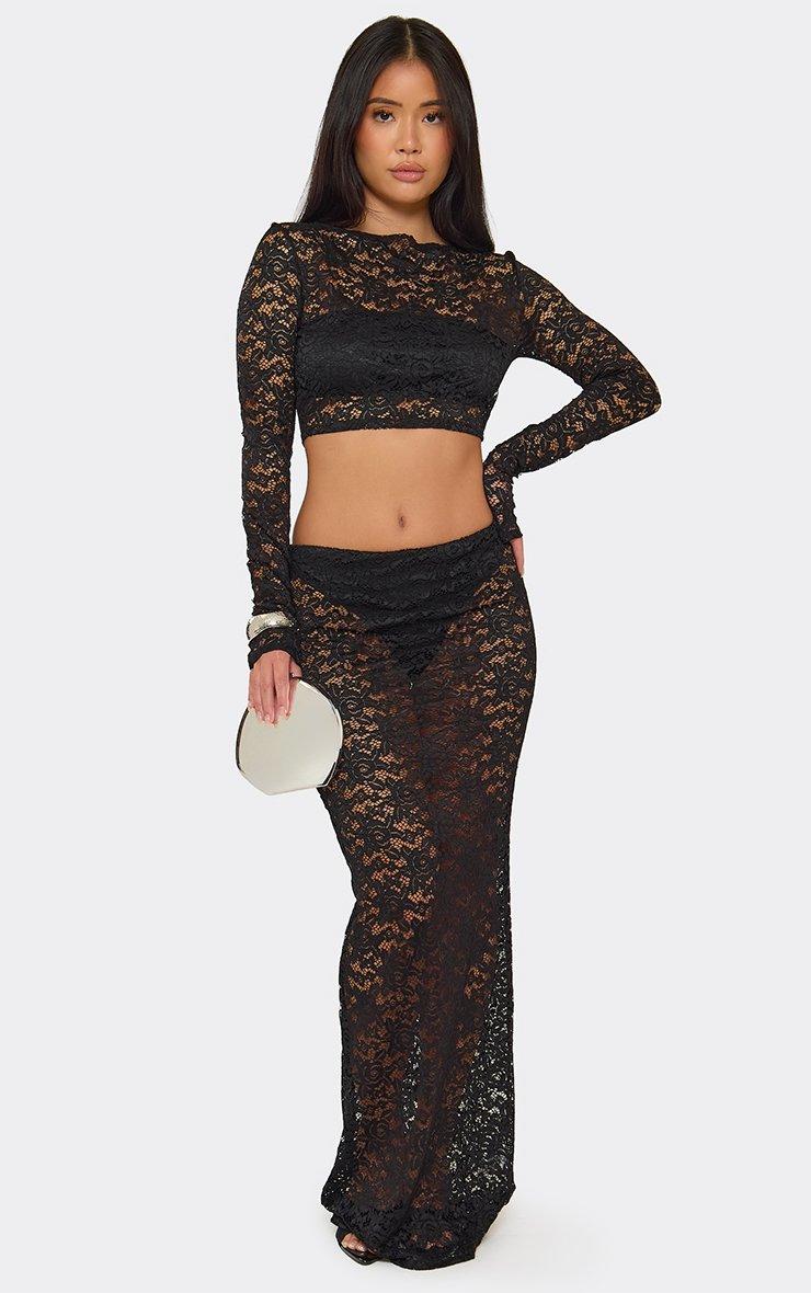 Low Waist Maxi Skirt In Black Sheer Lace
