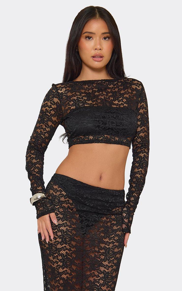 Long Sleeve Crop Top In Black Sheer Lace