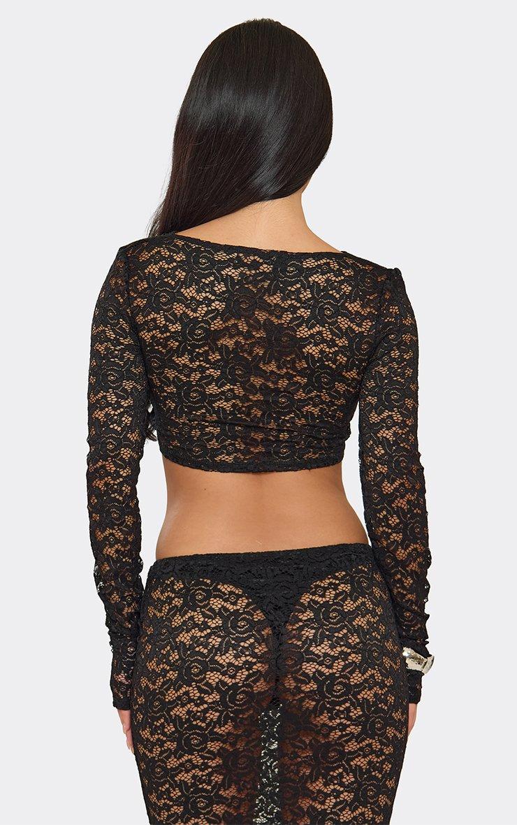 Long Sleeve Crop Top In Black Sheer Lace