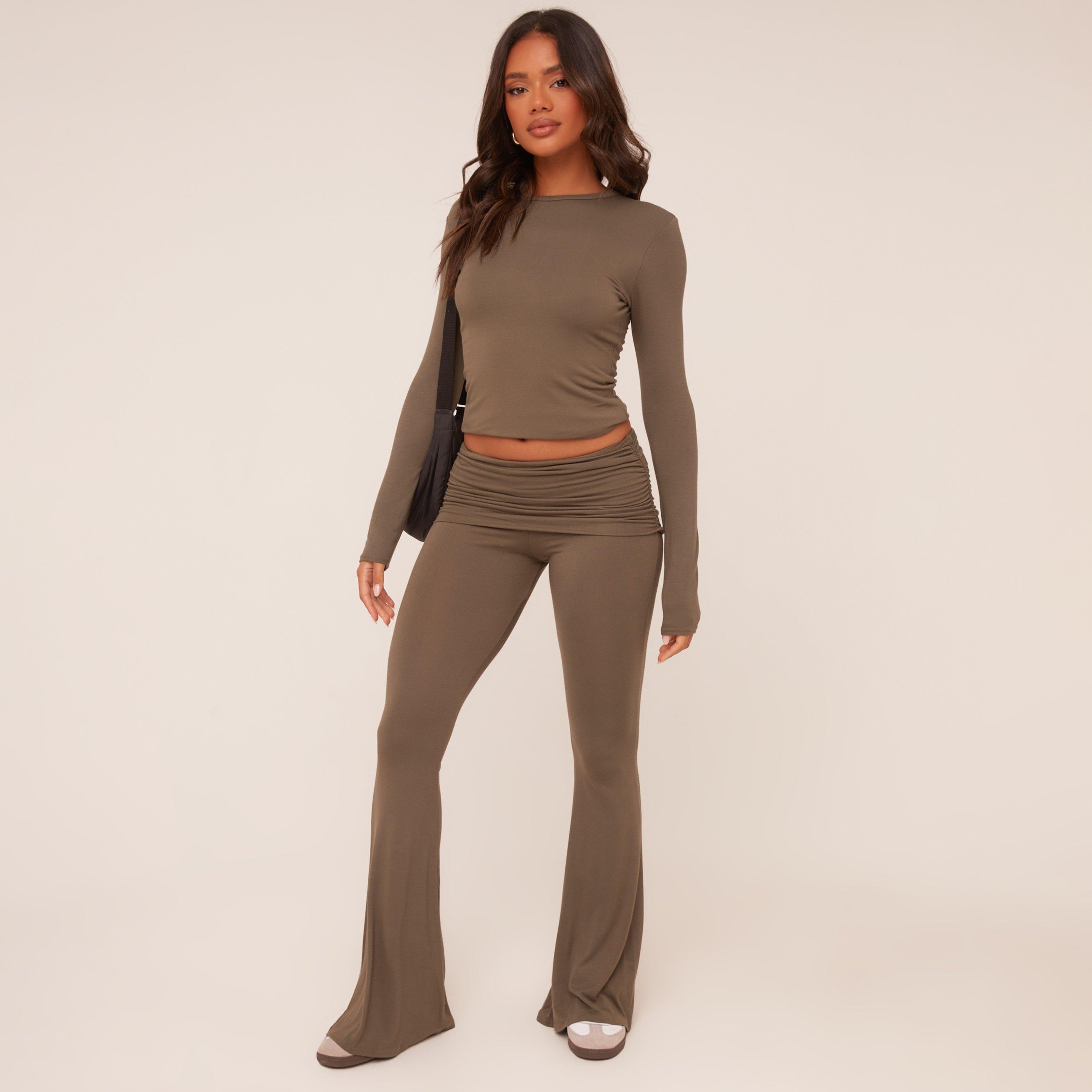 Image of Fold Over Waistband Detail Flared Trousers In Khaki Green, Women's