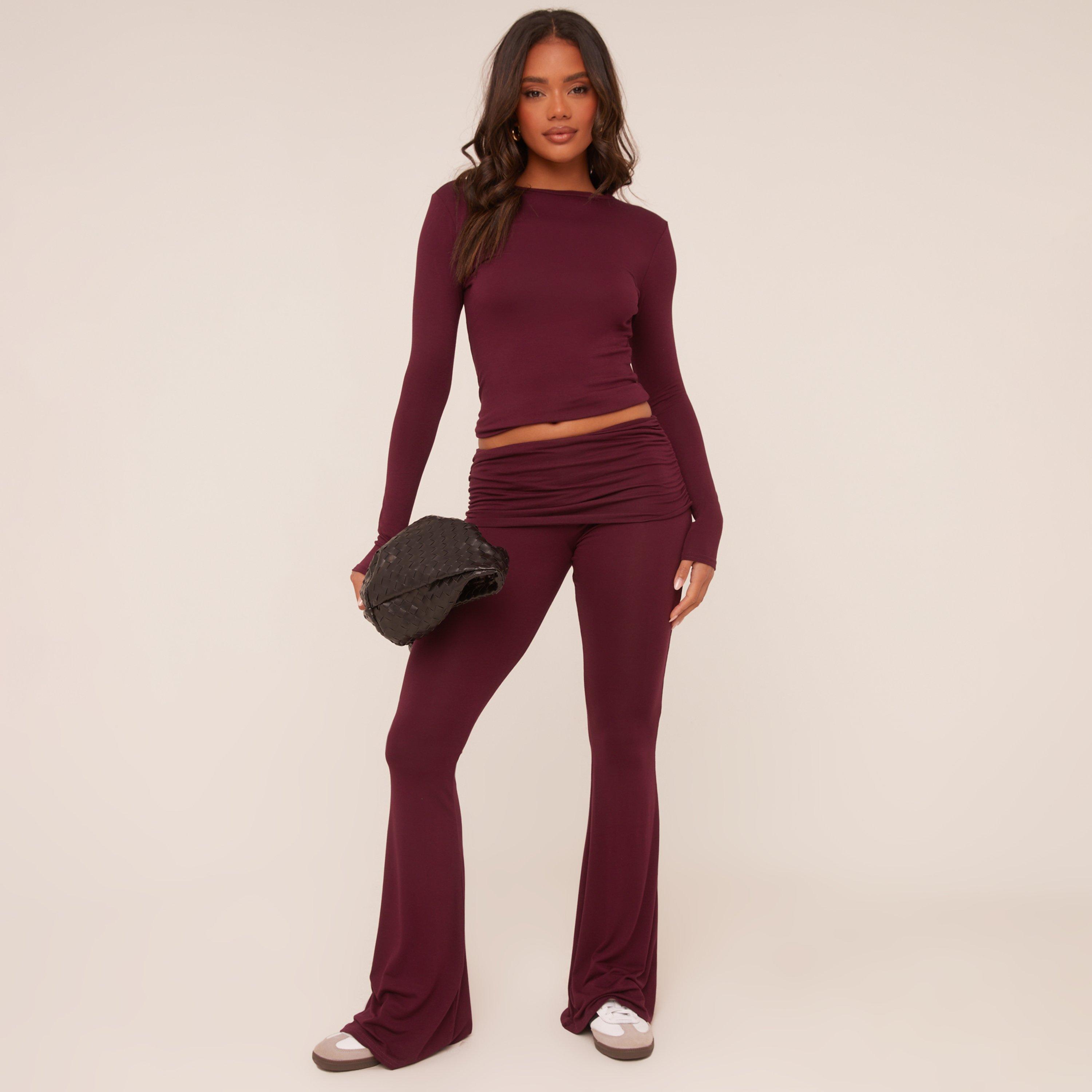 Image of Fold Over Waistband Detail Flared Trousers In Burgundy, Women's