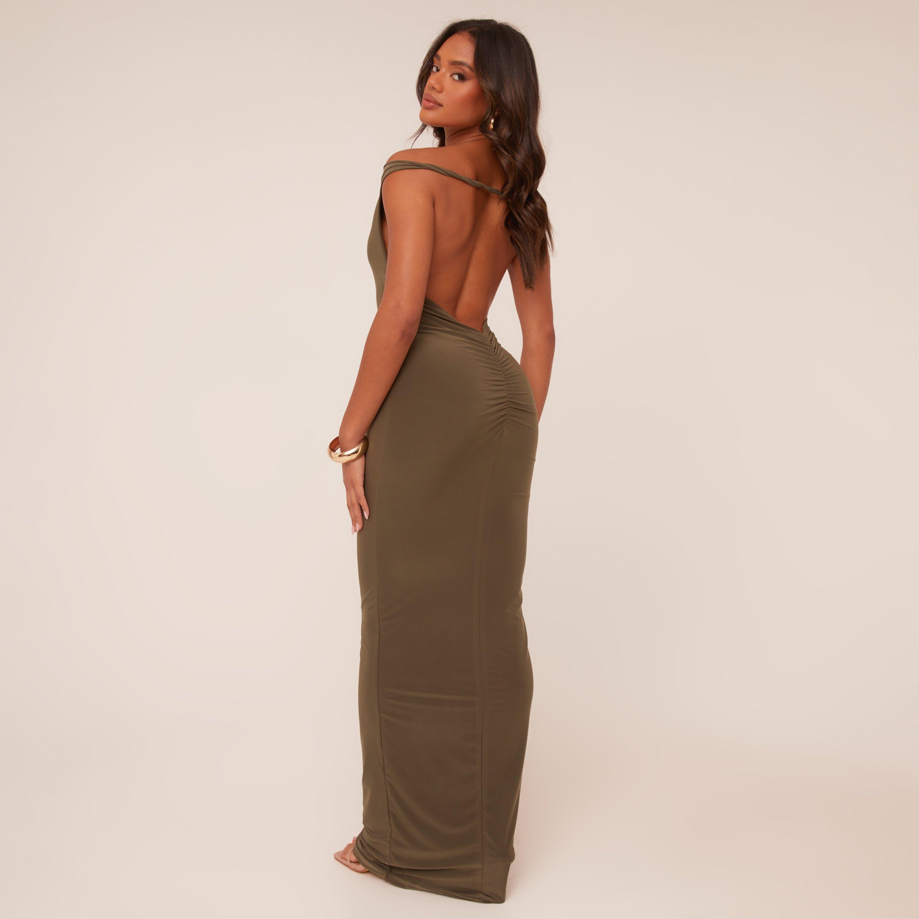 Bardot Ruched Bum Twisted Detail Maxi Dress In Khaki, Women's Size UK 12