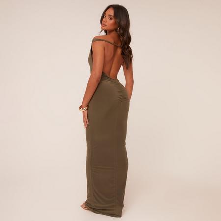 Bardot Ruched Bum Twisted Detail Maxi Dress In Khaki, Women's Size US