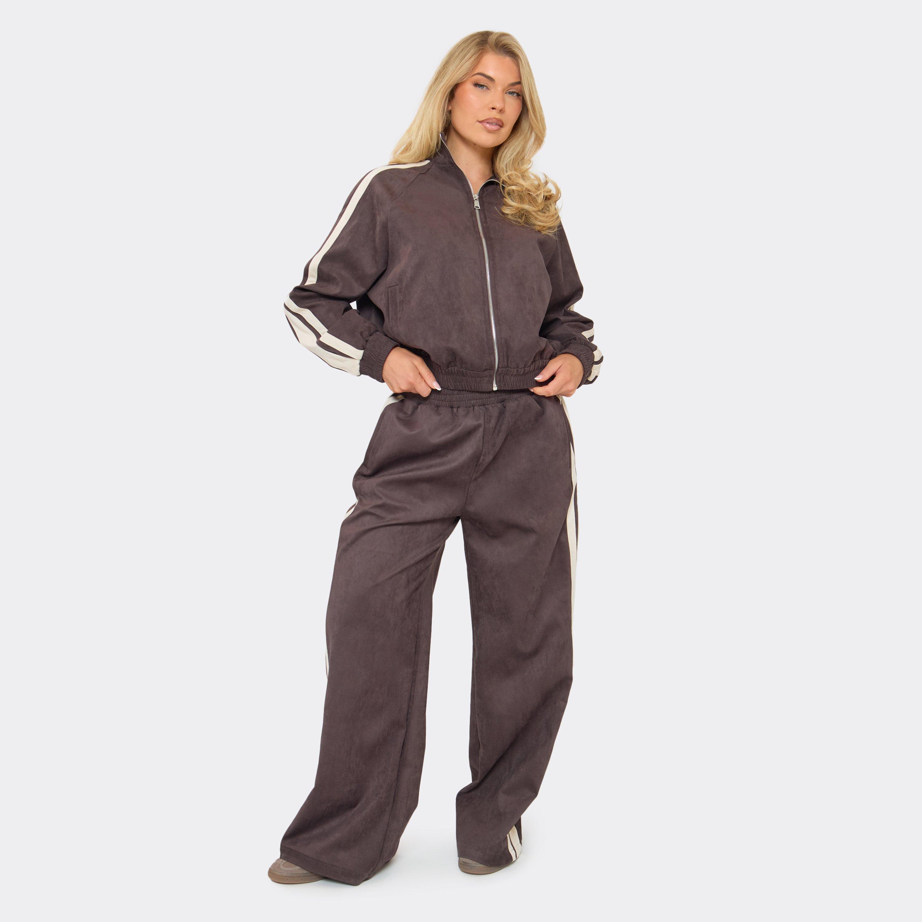 Low Rise Contrast Side Stripe Wide Leg Joggers In Chocolate Brown Faux Suede, Women’s
