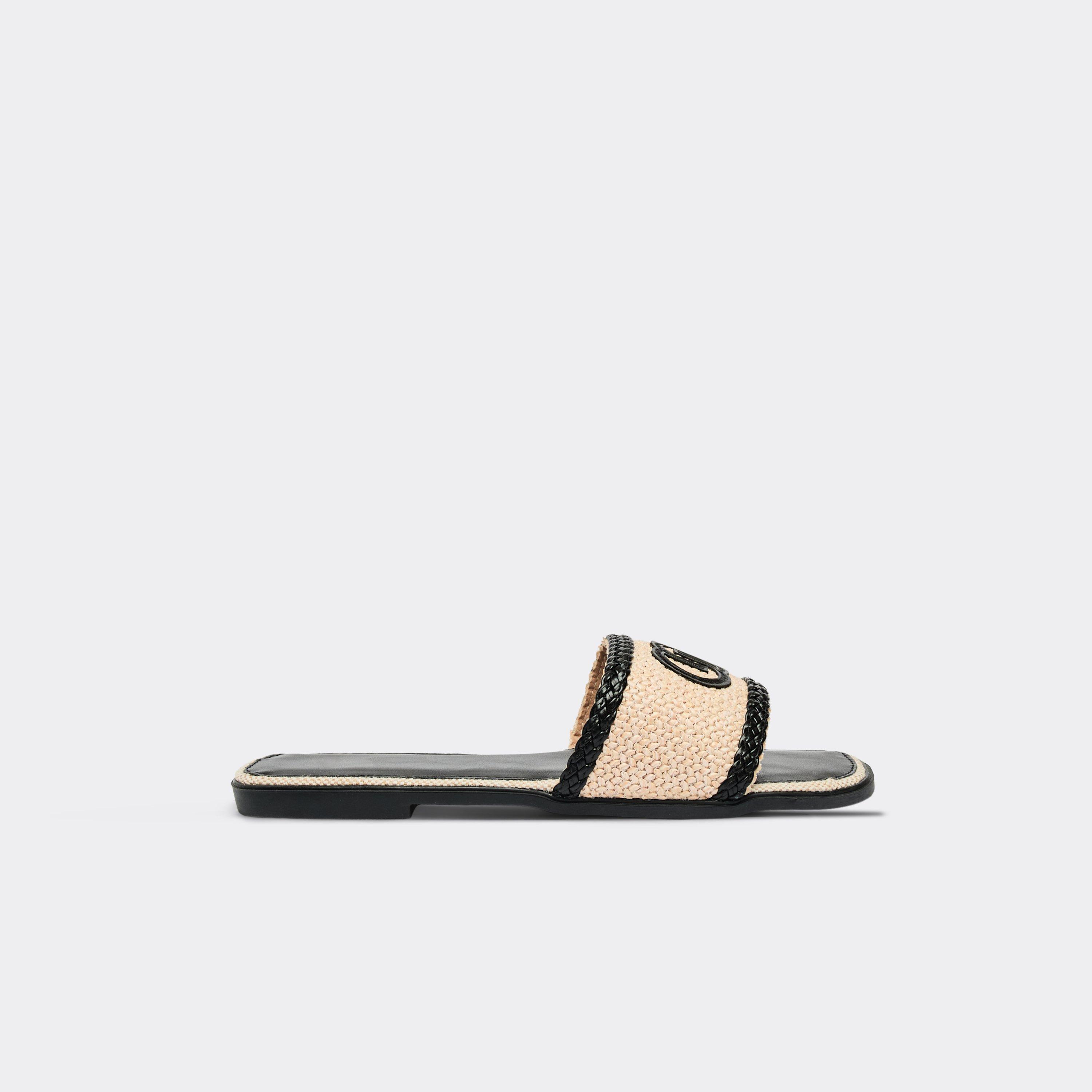 Combo Logo Woven Detail Flat Slider Sandal In Black Faux Leather, Women's Size UK 8