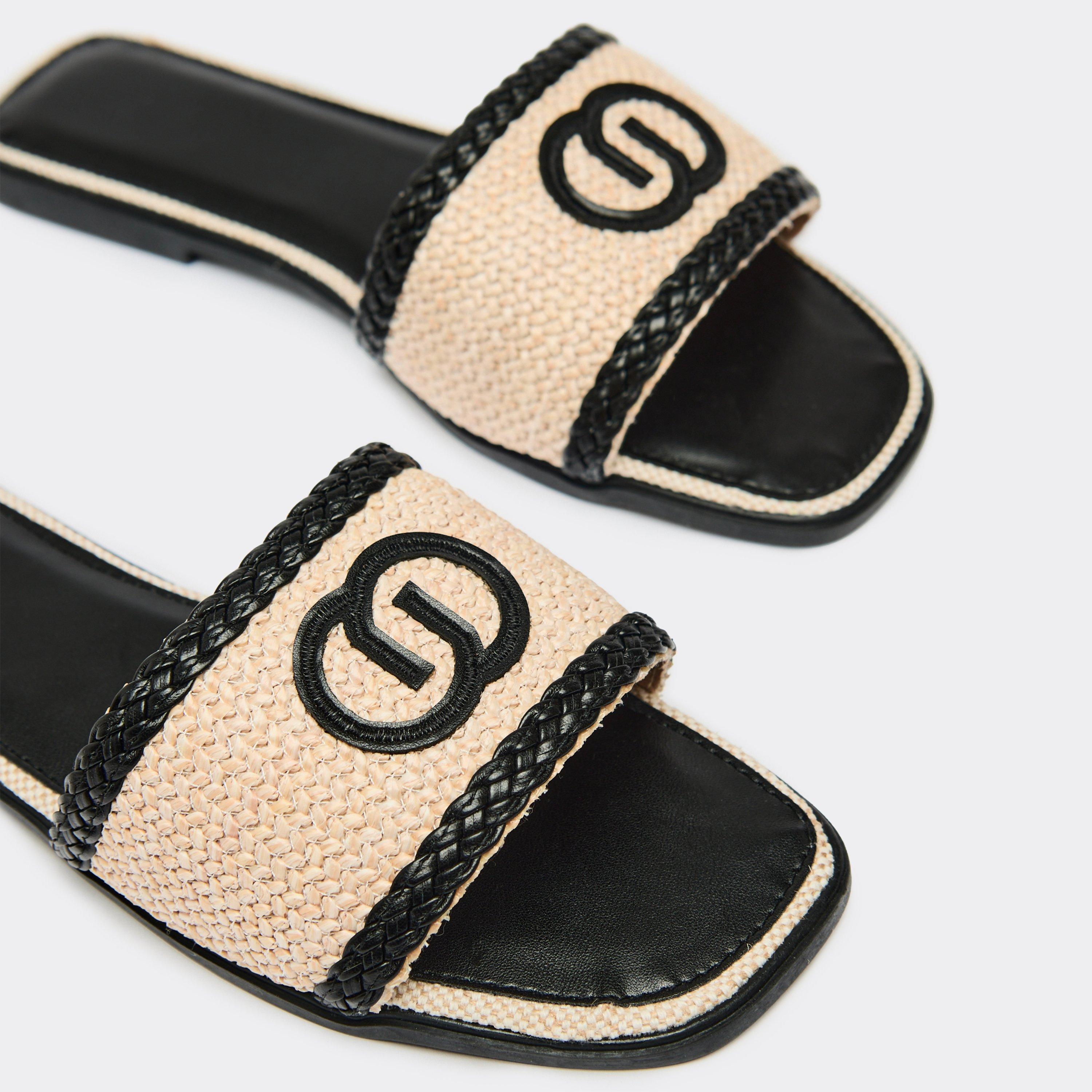 Combo Logo Woven Detail Flat Slider Sandal In Black Faux Leather, Women's Size UK 3