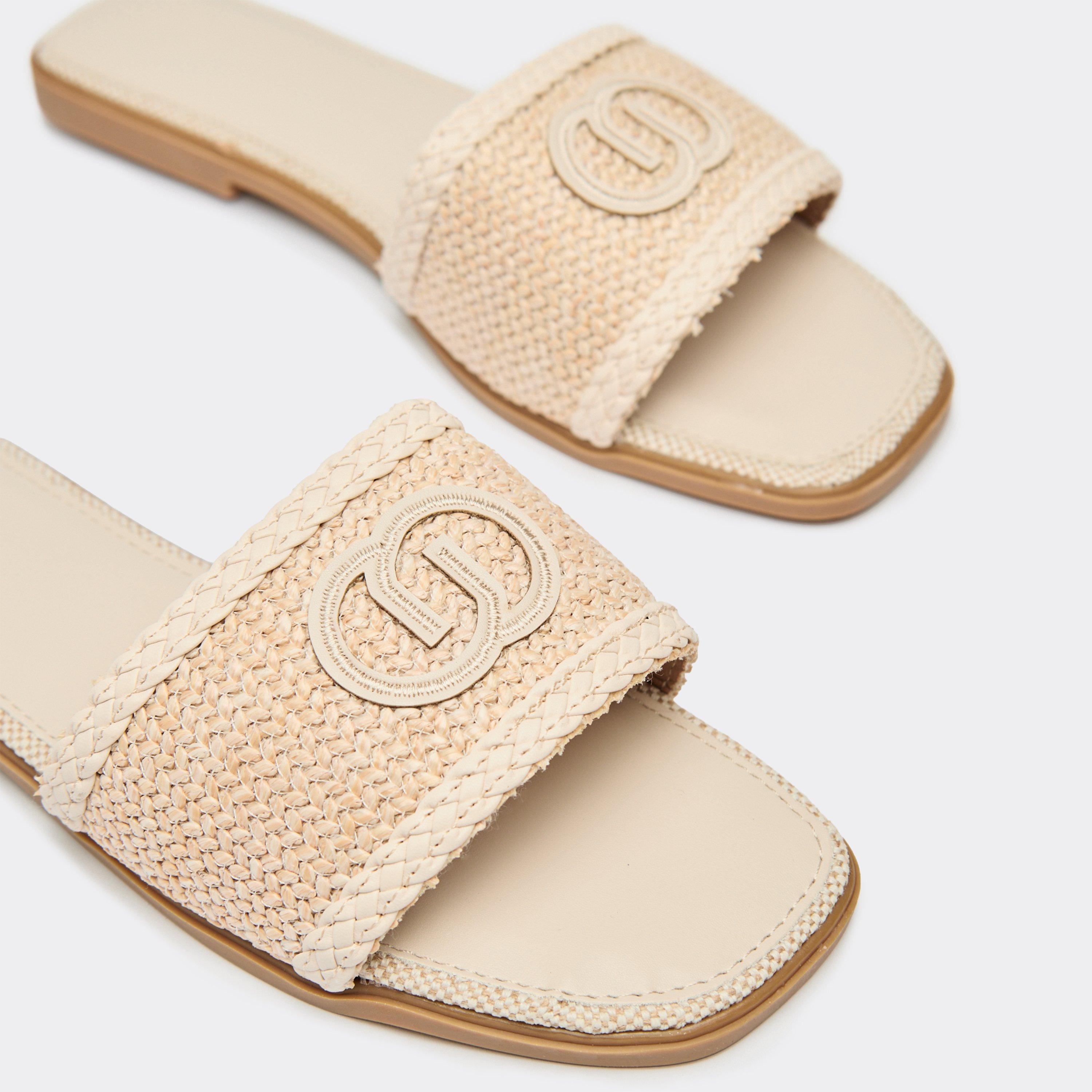 Combo Logo Woven Detail Flat Slider Sandal In Beige Faux Leather, Women's Size UK 6
