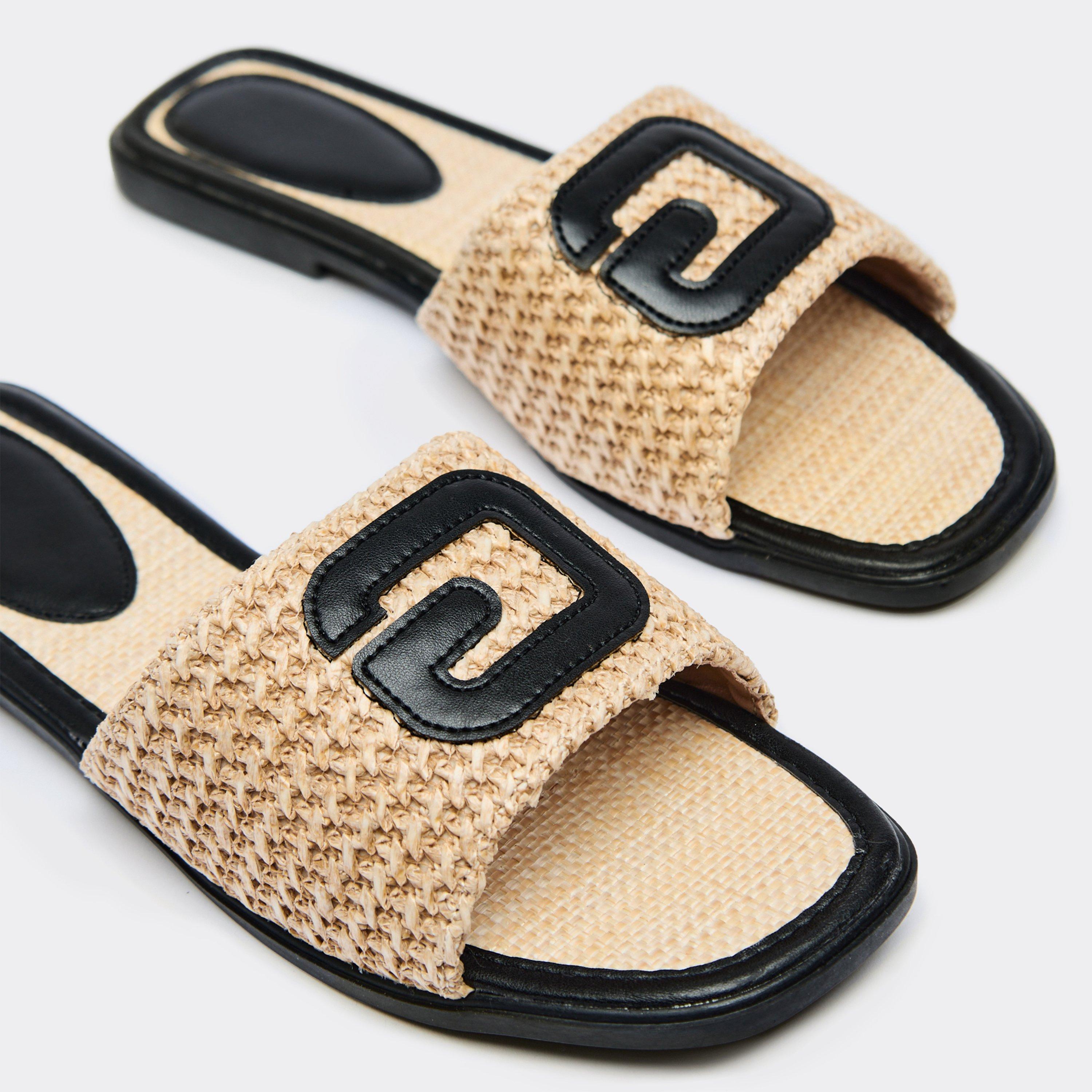 Crush Logo Woven Detail Flat Slider Sandal In Black Faux Leather, Women's Size UK 4