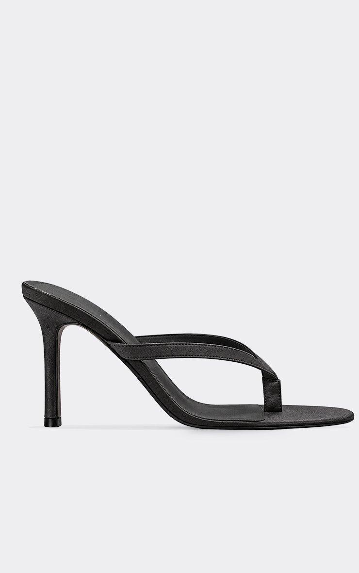 Rain Thong Strap Stiletto Heel Mule In Black Satin.