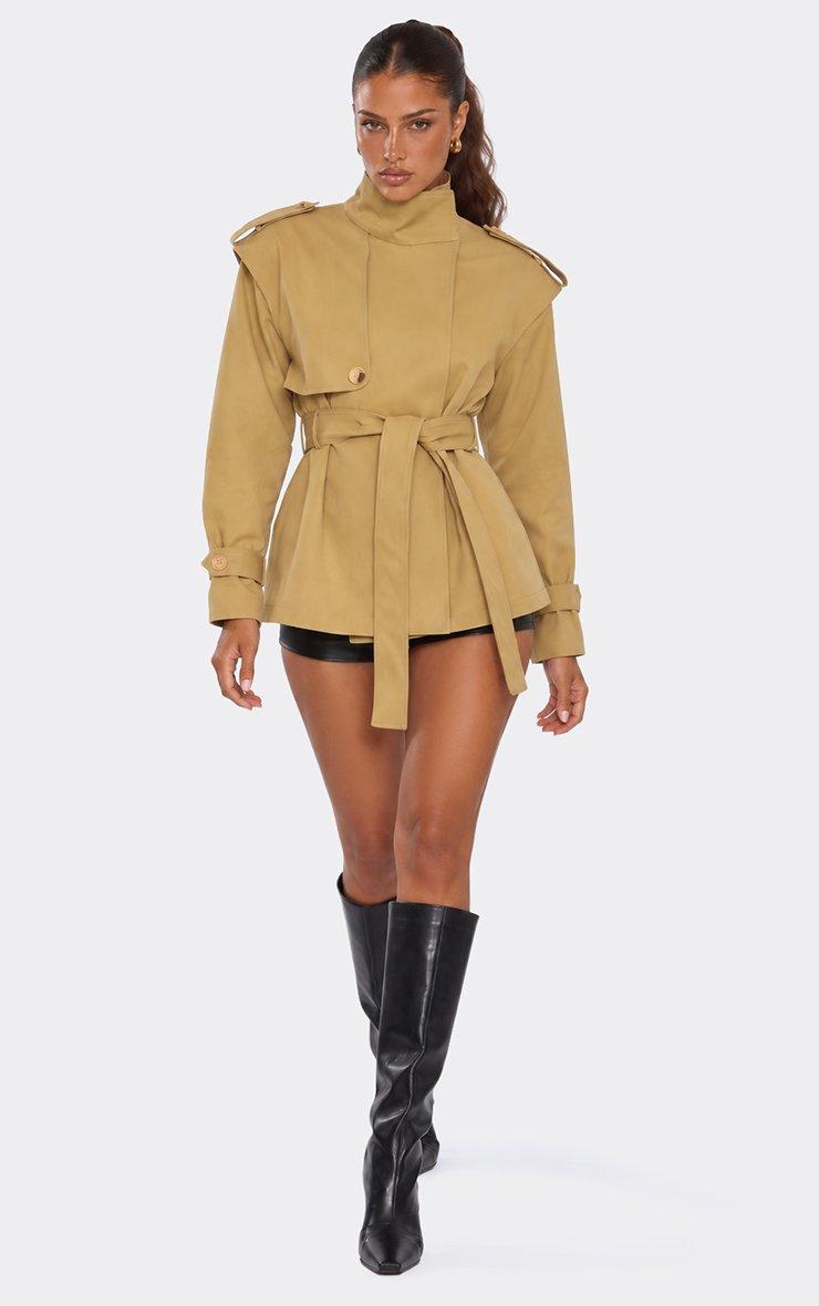 High Neck Belted Waist Short Trench Coat In Taupe