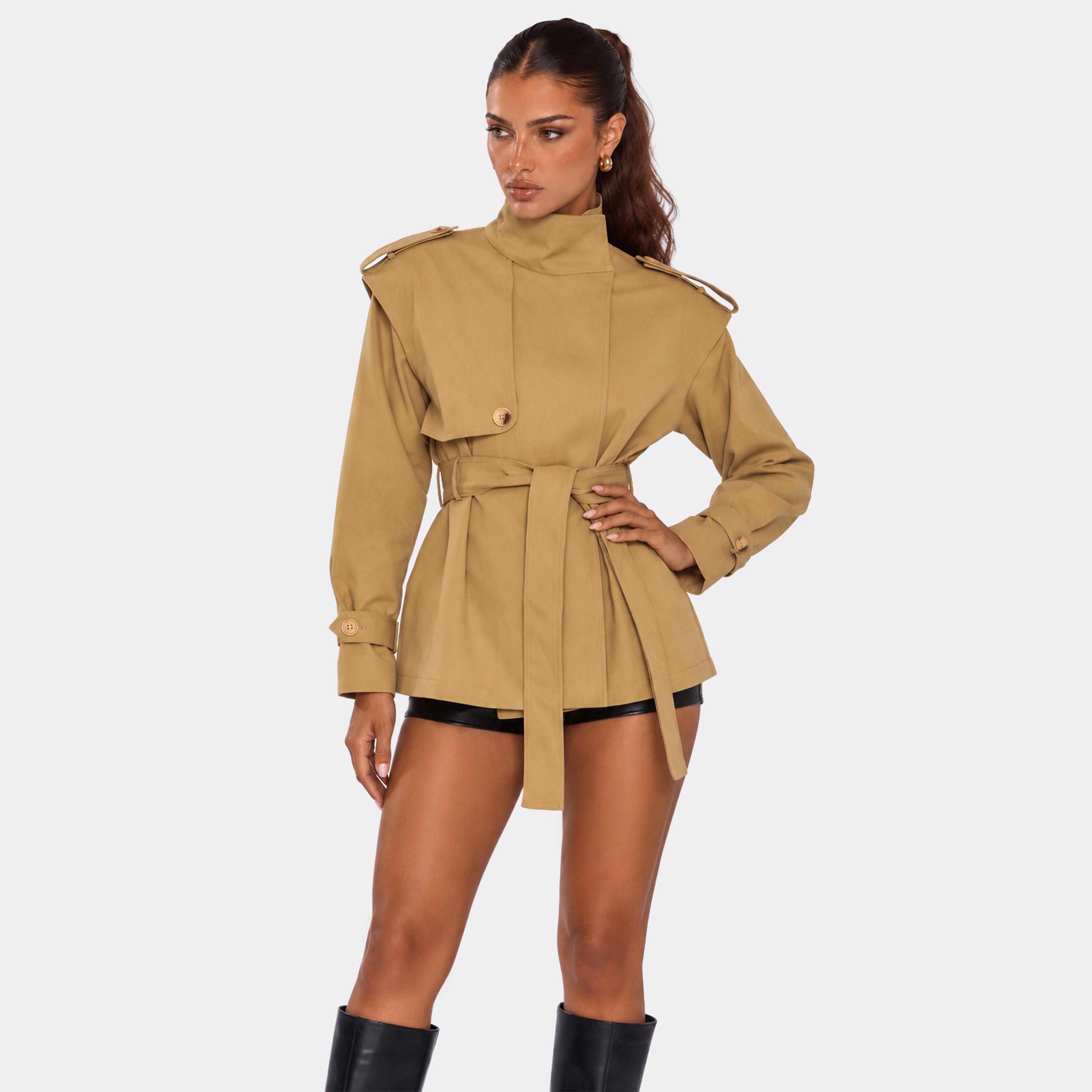 High Neck Belted Waist Short Trench Coat In Taupe, Women's Size US 8