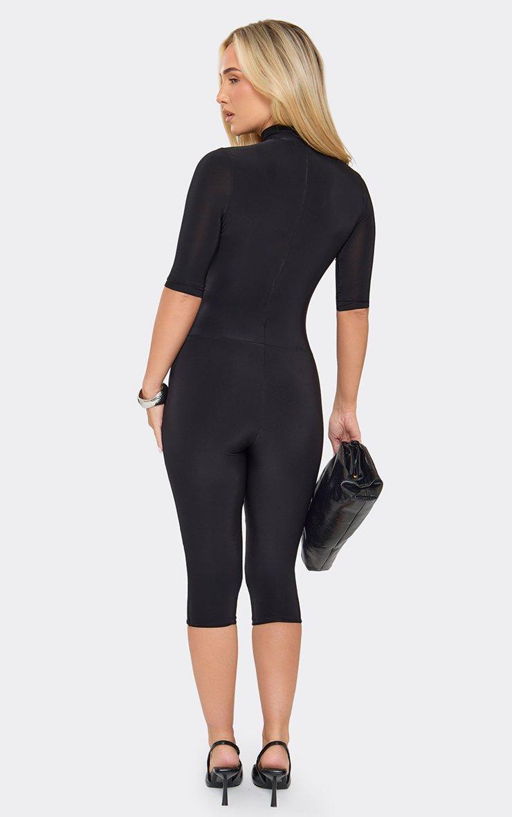 Three Quarter Sleeve High Neck Capri Jumpsuit In Black