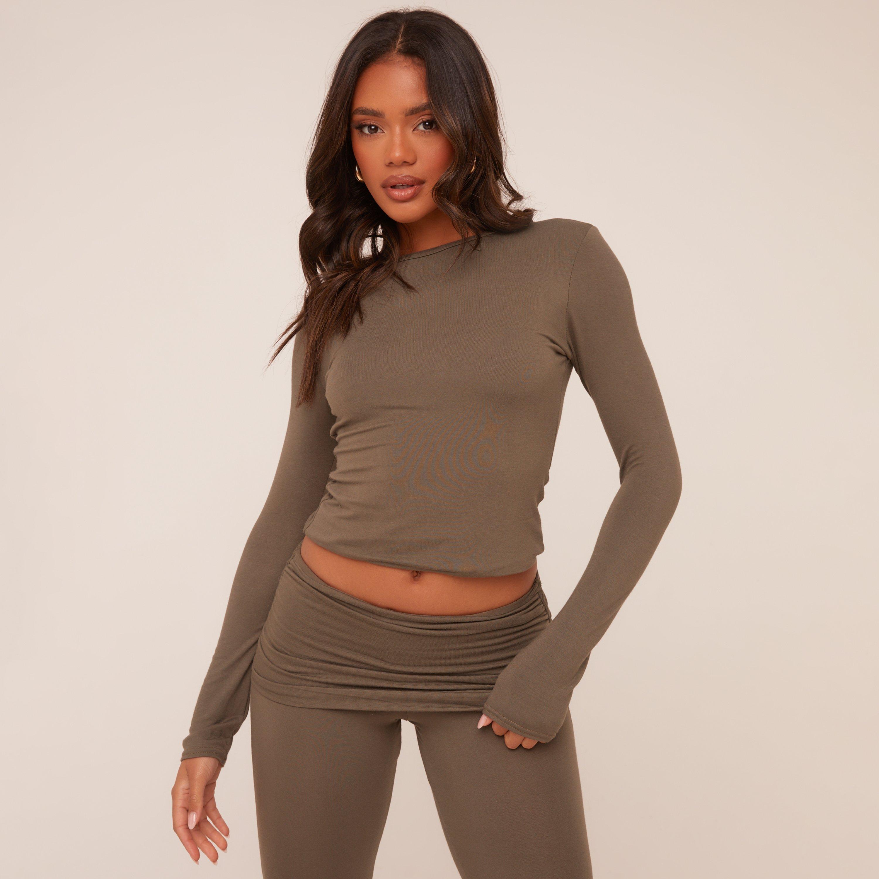 Image of Long Sleeve Crew Neck Top In Khaki Green, Women's