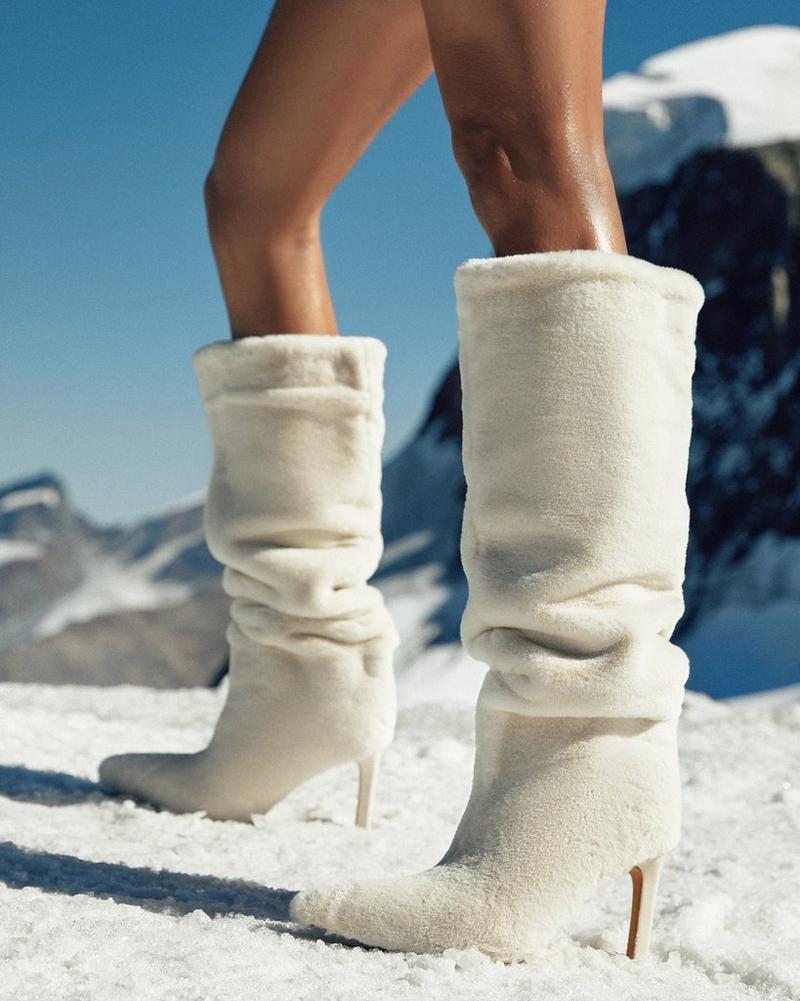 Leila Layered Knit Detail Square Toe Platform Block Heel Calf Boot In