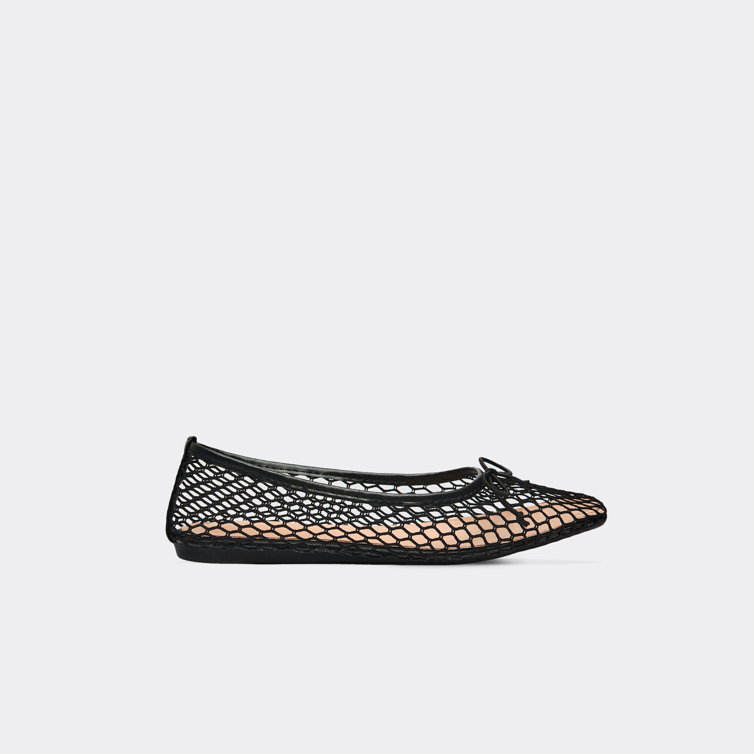 Dollz Bow Detail Square Toe Flat Ballet Pump In Black Mesh., Women's Size UK 6