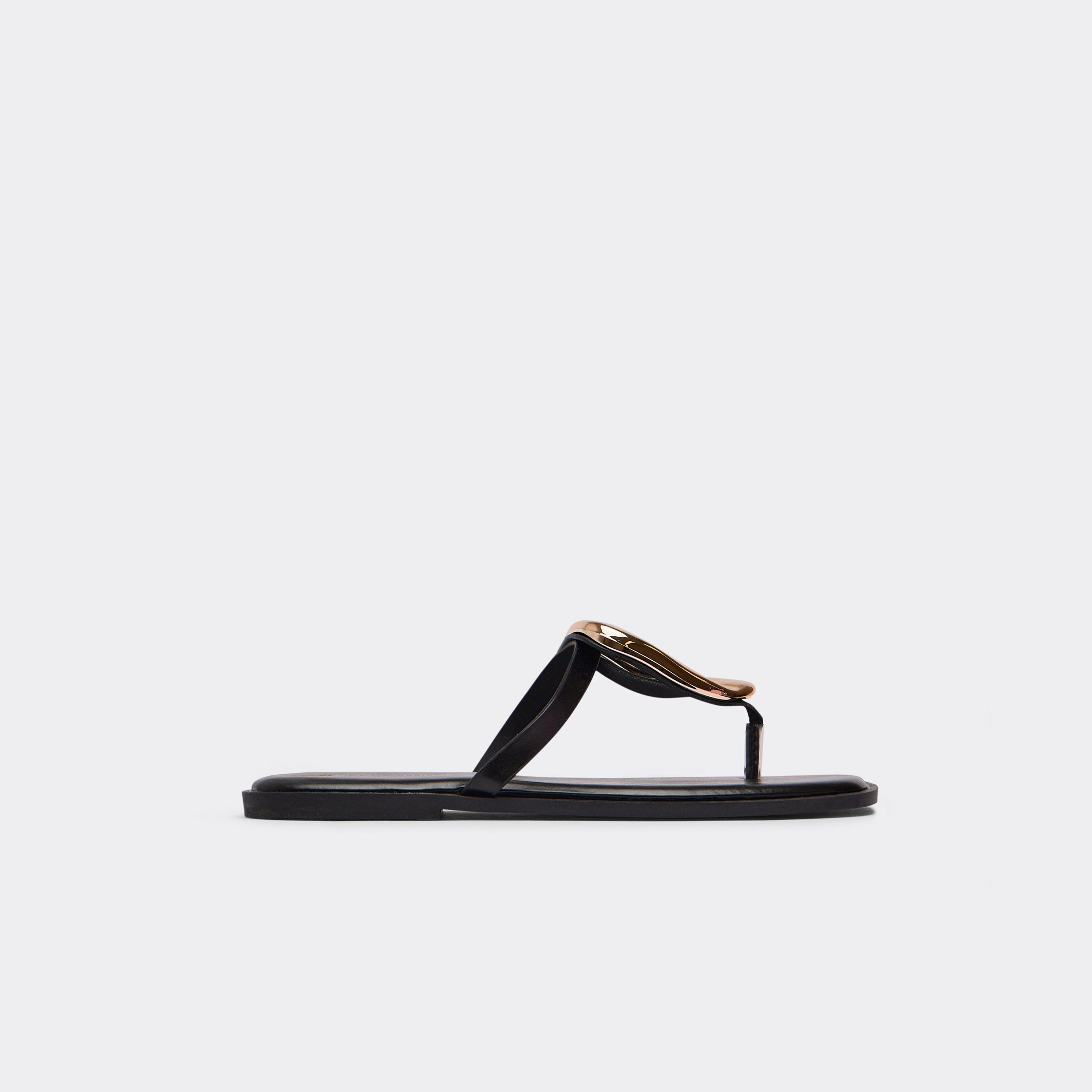 Dreamer Ring Detail Thong Strap Flat Slider Sandal In Black Faux Leather, Women's Size UK 3