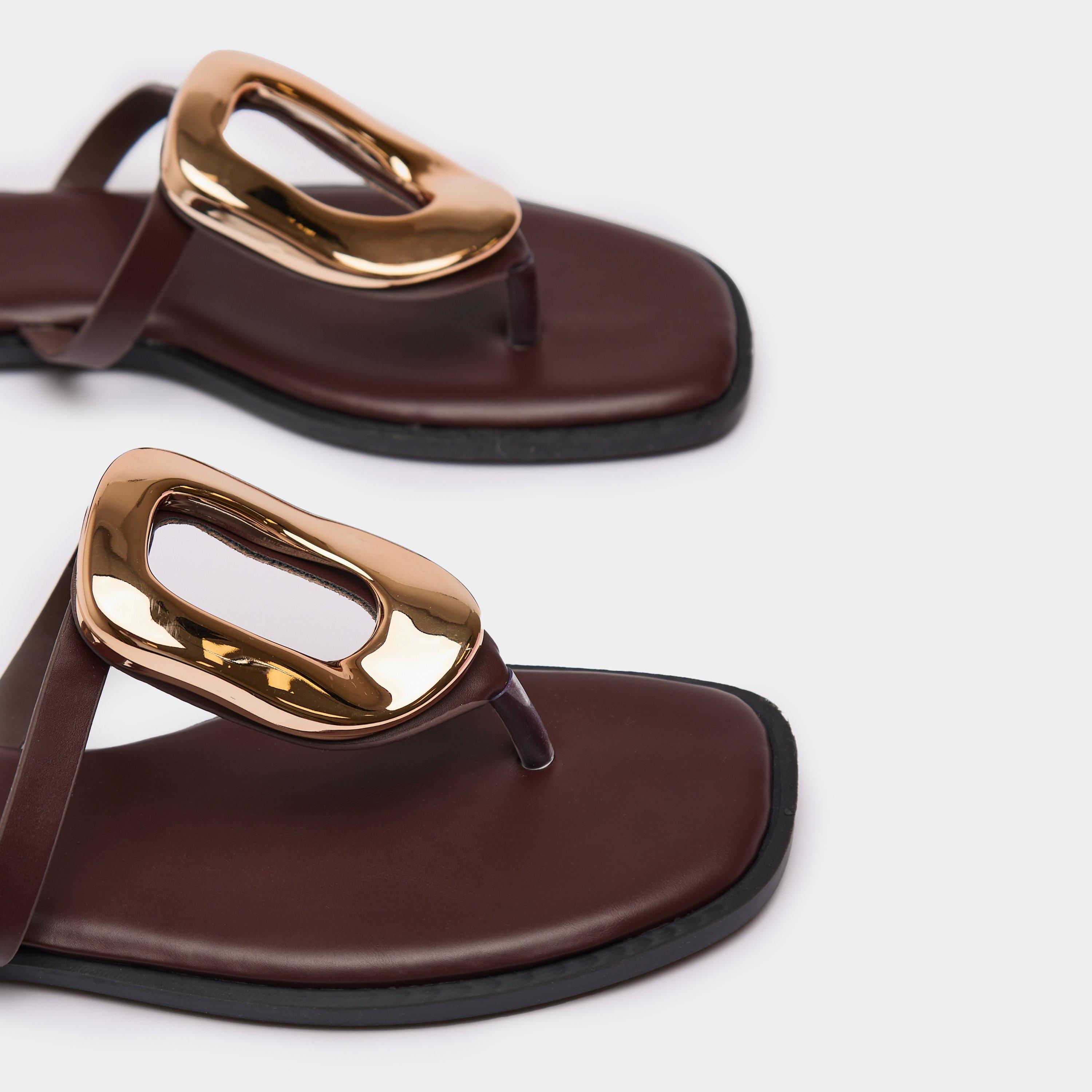 Dreamer Ring Detail Thong Strap Flat Slider Sandal In Brown Faux Leather, Women's Size UK 8