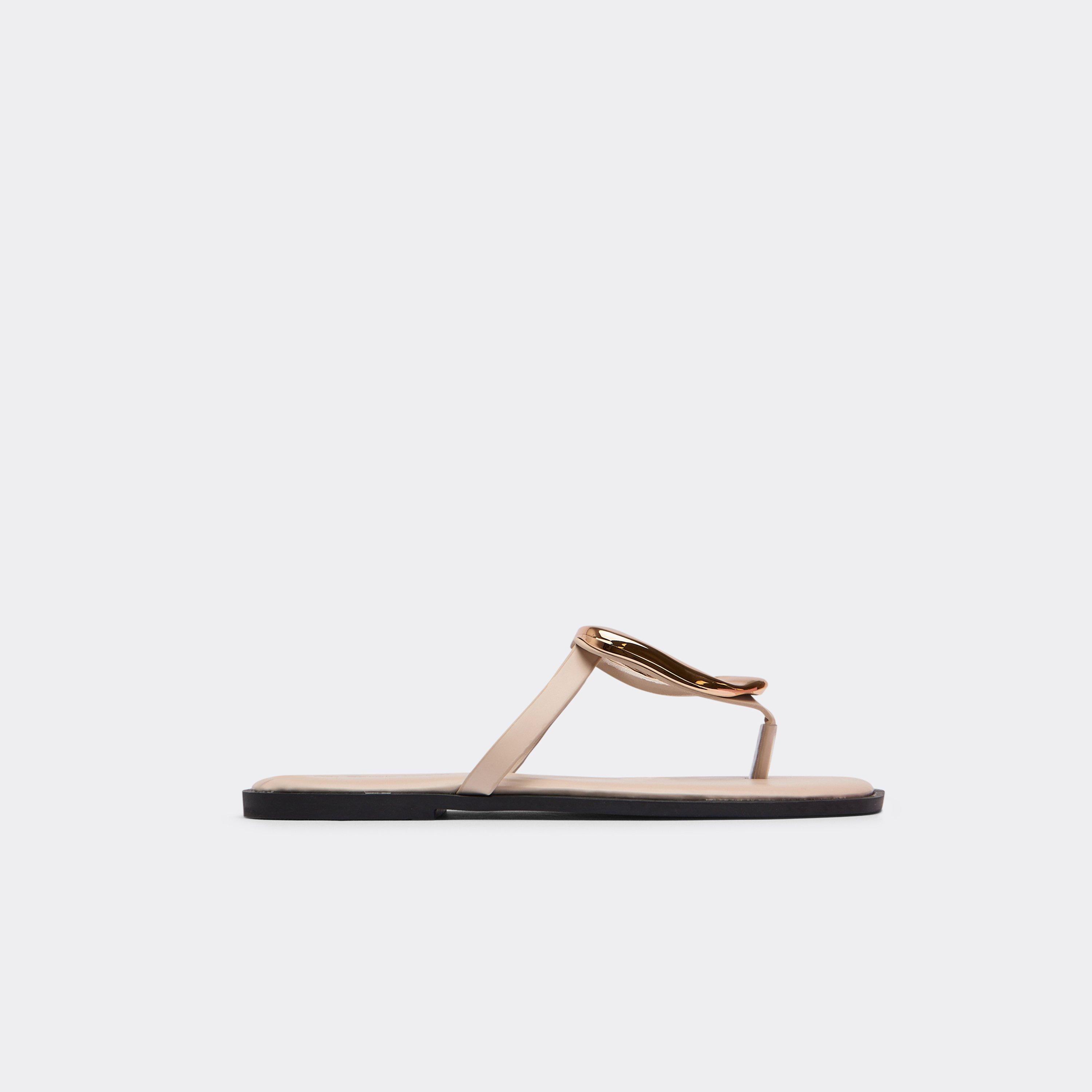 Dreamer Ring Detail Thong Strap Flat Slider Sandal In Beige Faux Leather, Women's Size UK 4