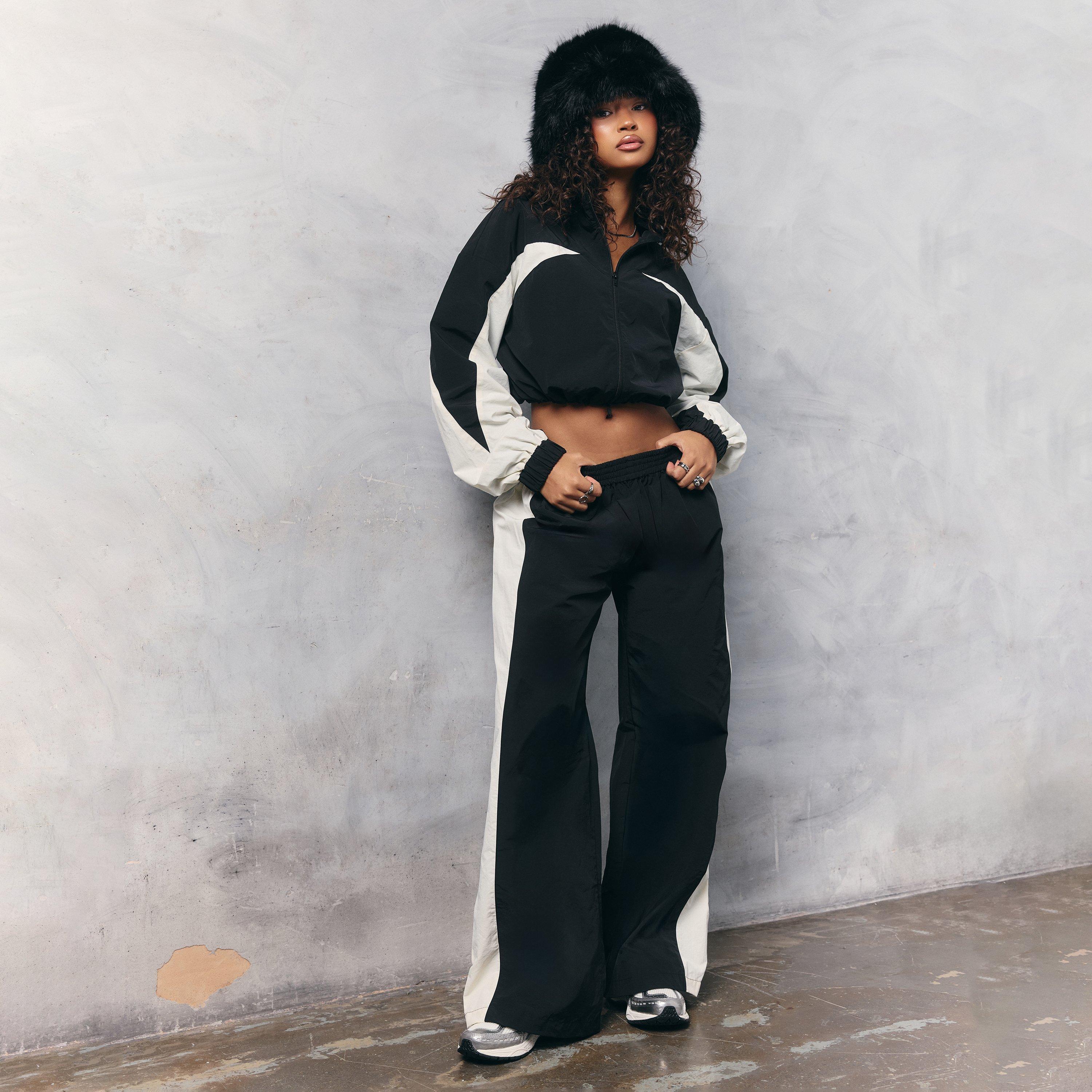 Low Rise Contrast Panel Detail Track Pants In Black, Women's Size UK 14