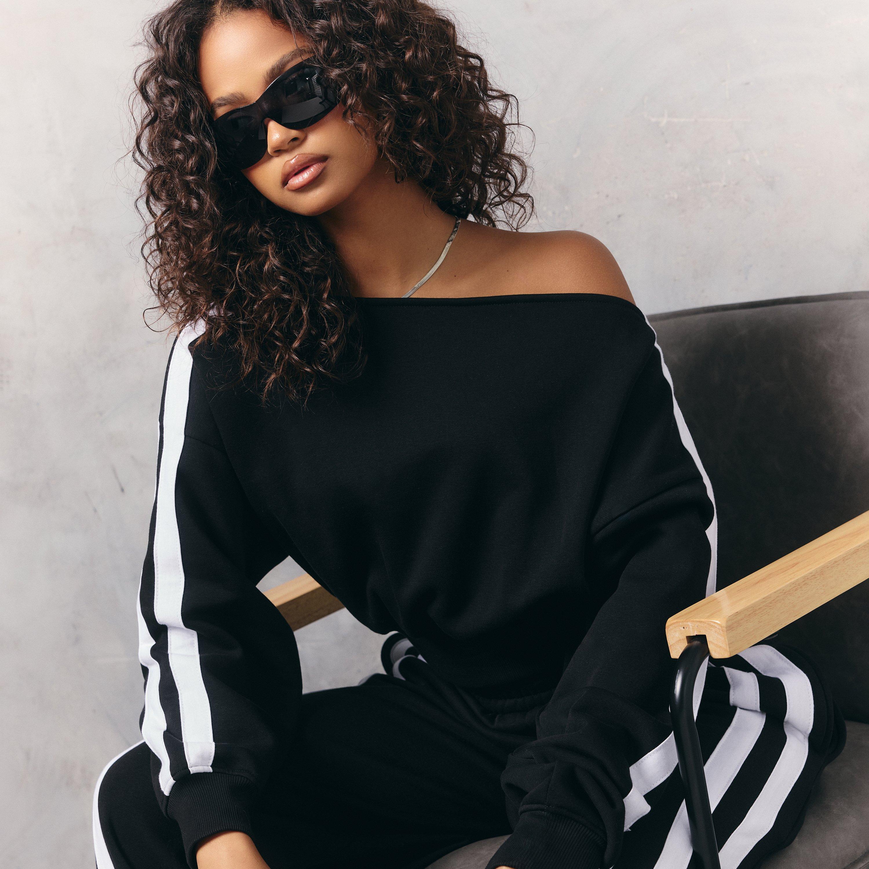 Off The Shoulder Long Sleeve Side Stripe Detail Sweatshirt In Black, Women's Size UK 8