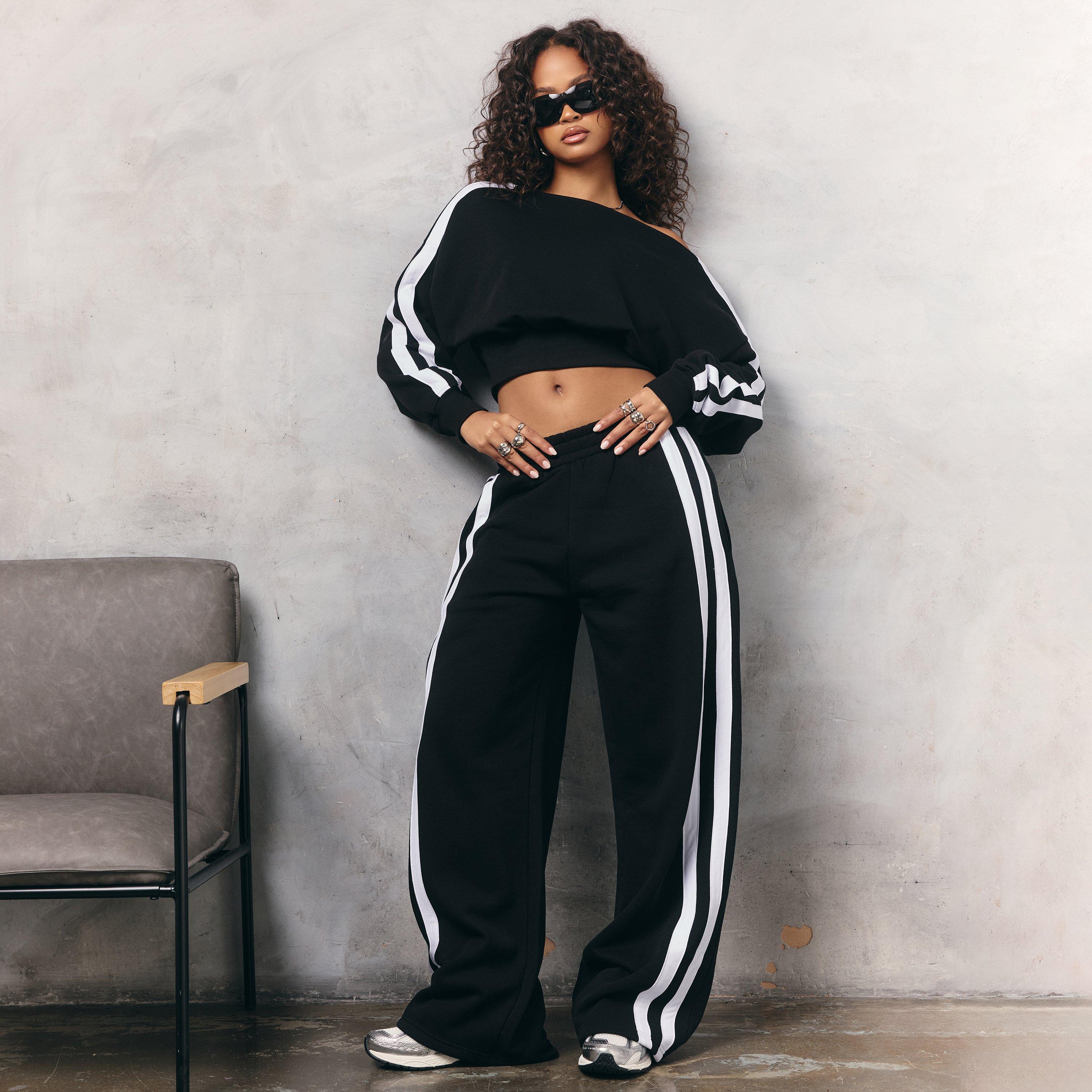 Side Stripe Detail Straight Leg Joggers In Black, Women's Size UK 8