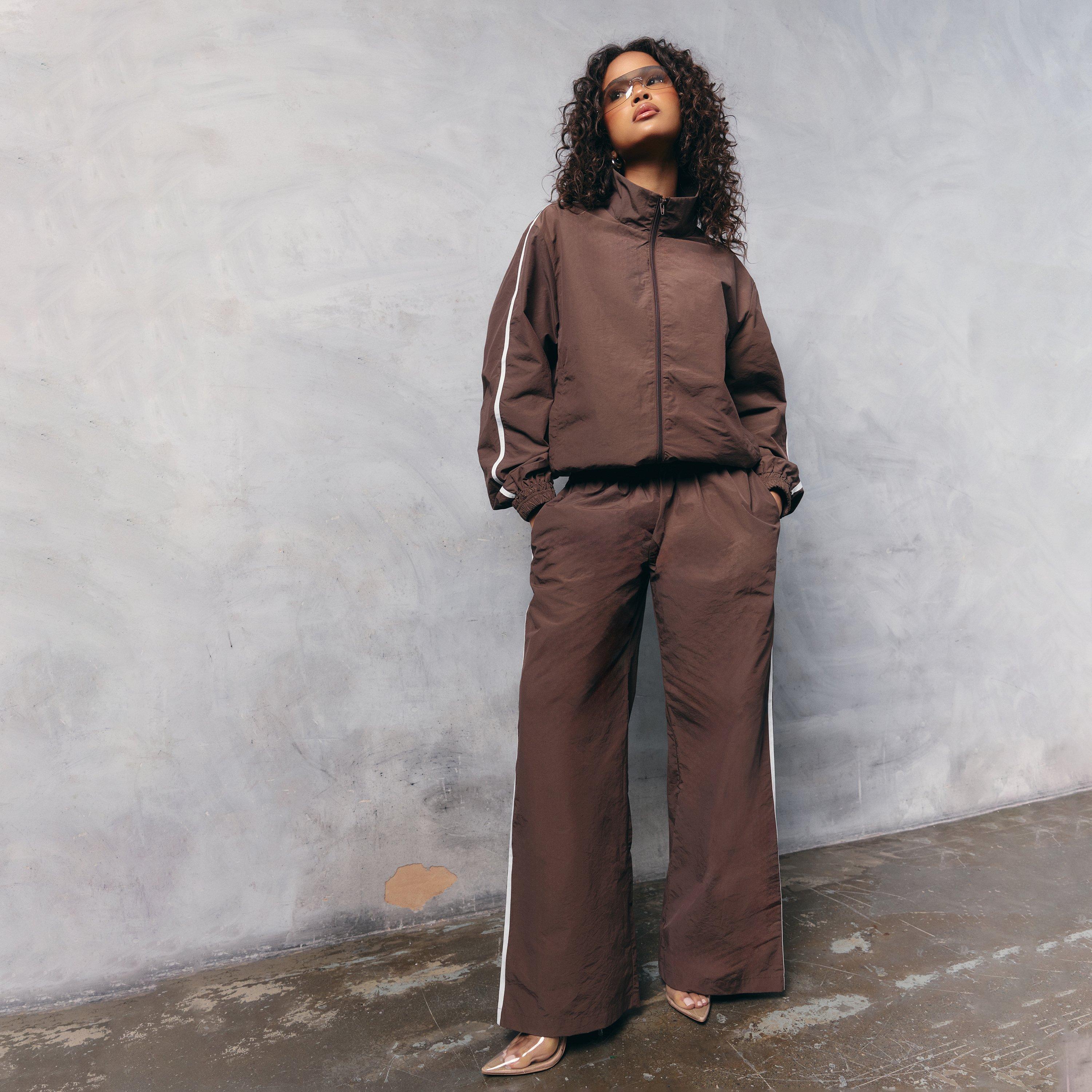 Contrast Side Panel Track Pants In Chocolate Brown Shell, Women’s