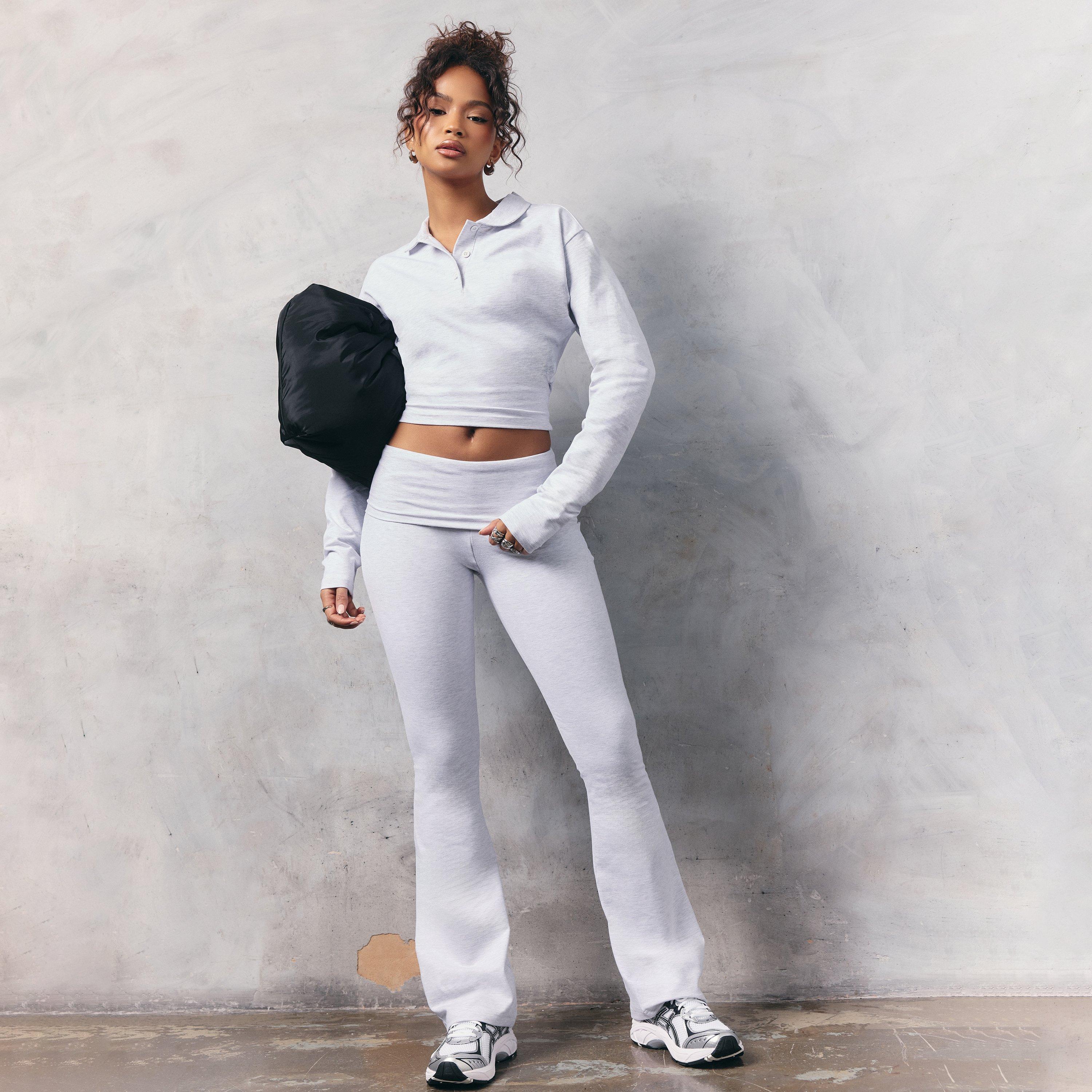 Low Rise Foldover Waist Flared Leg Trousers In Light Grey Marl, Women's Size UK 16