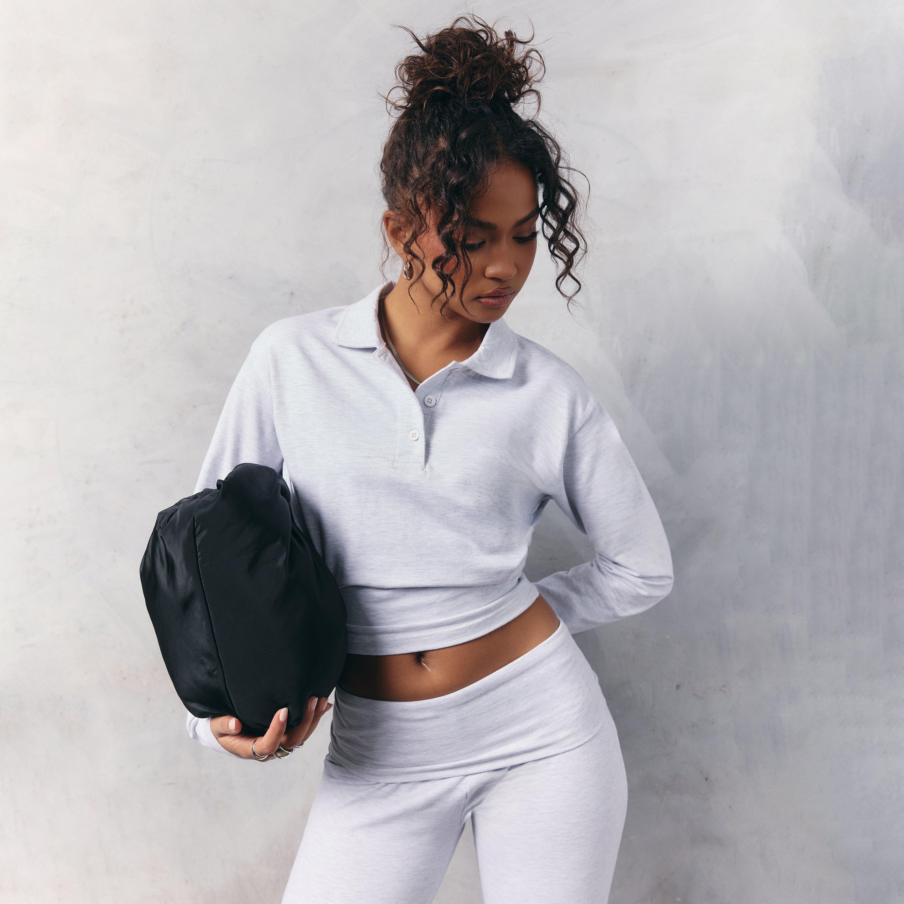 Long Sleeve Button Detail Cinched Waist Collared Top In Light Grey Marl, Women's Size UK 10