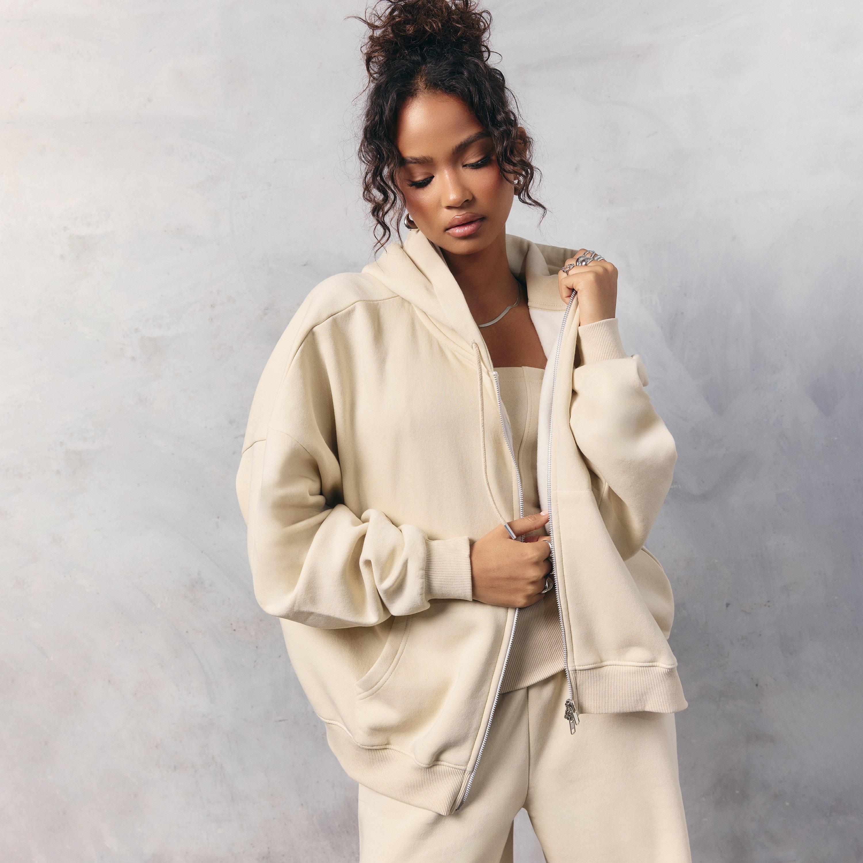 Oversized Long Sleeve Zip Up Hoodie In Stone, Women's Size UK 10