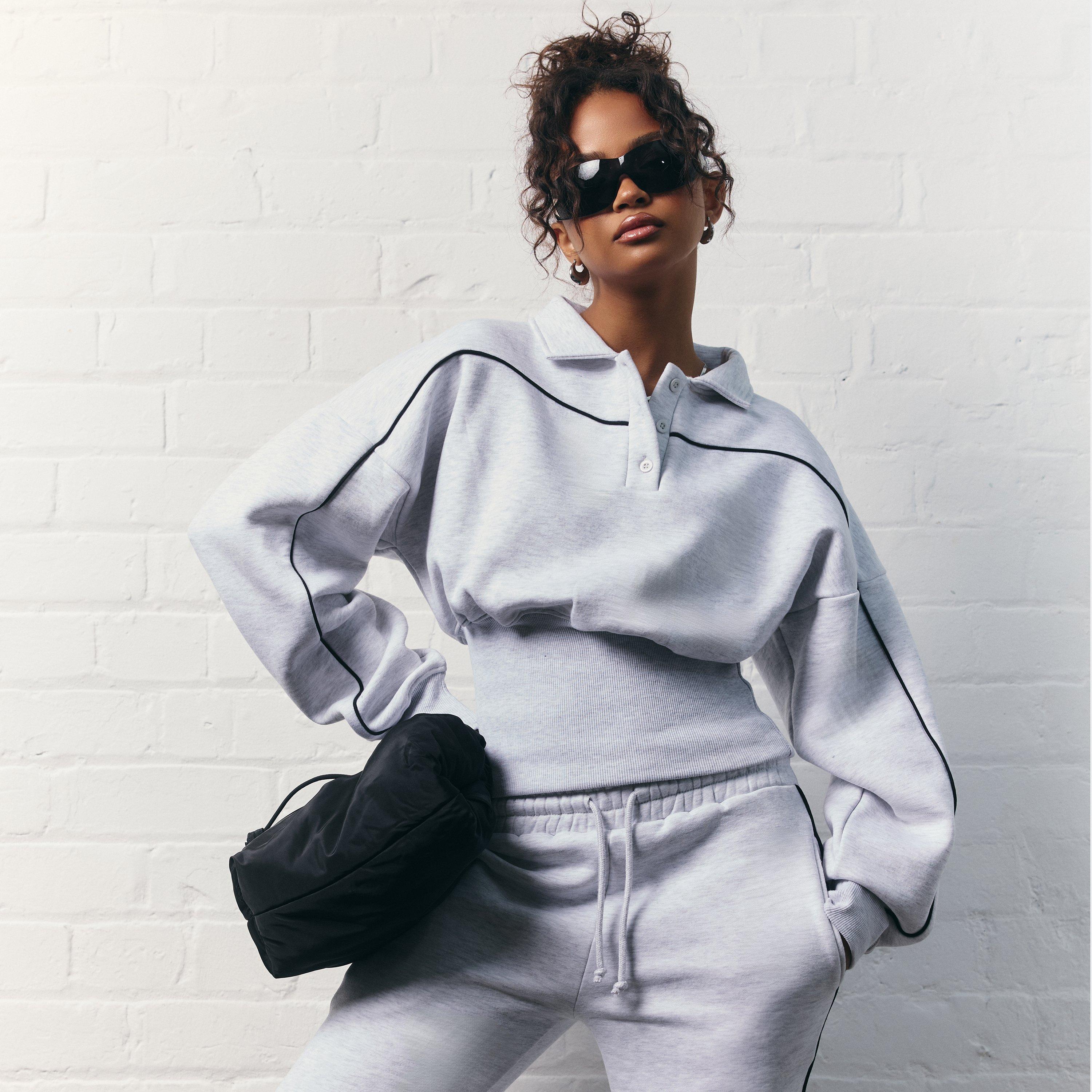 Image of Contrast Piping Detail Button Front Cinched Waist Collared Sweatshirt In Light Grey Marl, Women's