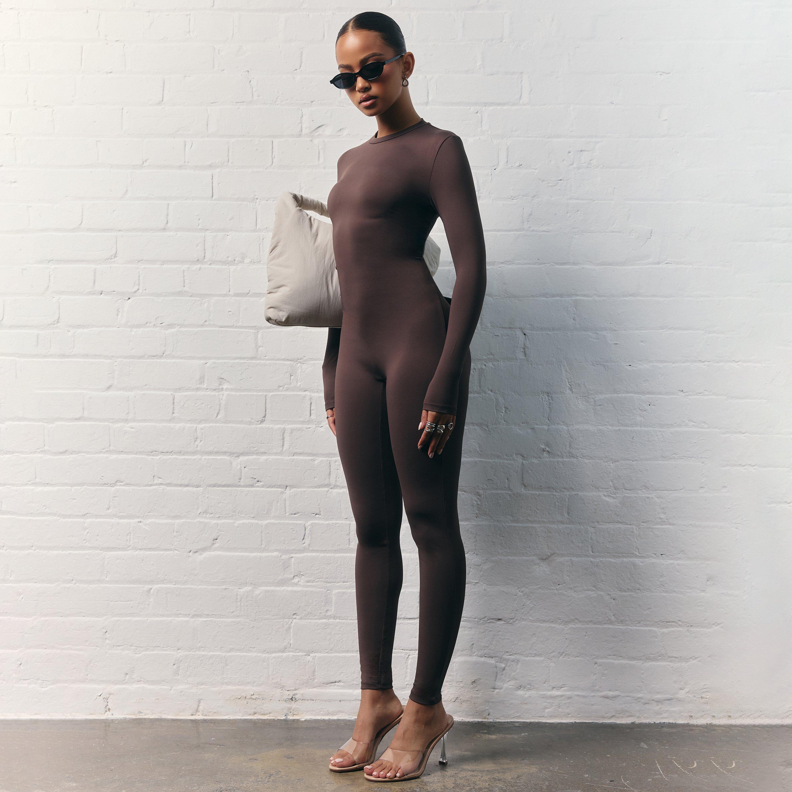 Long Sleeve Sculpt Fitted Jumpsuit In Chocolate Brown, Women's Size UK 12