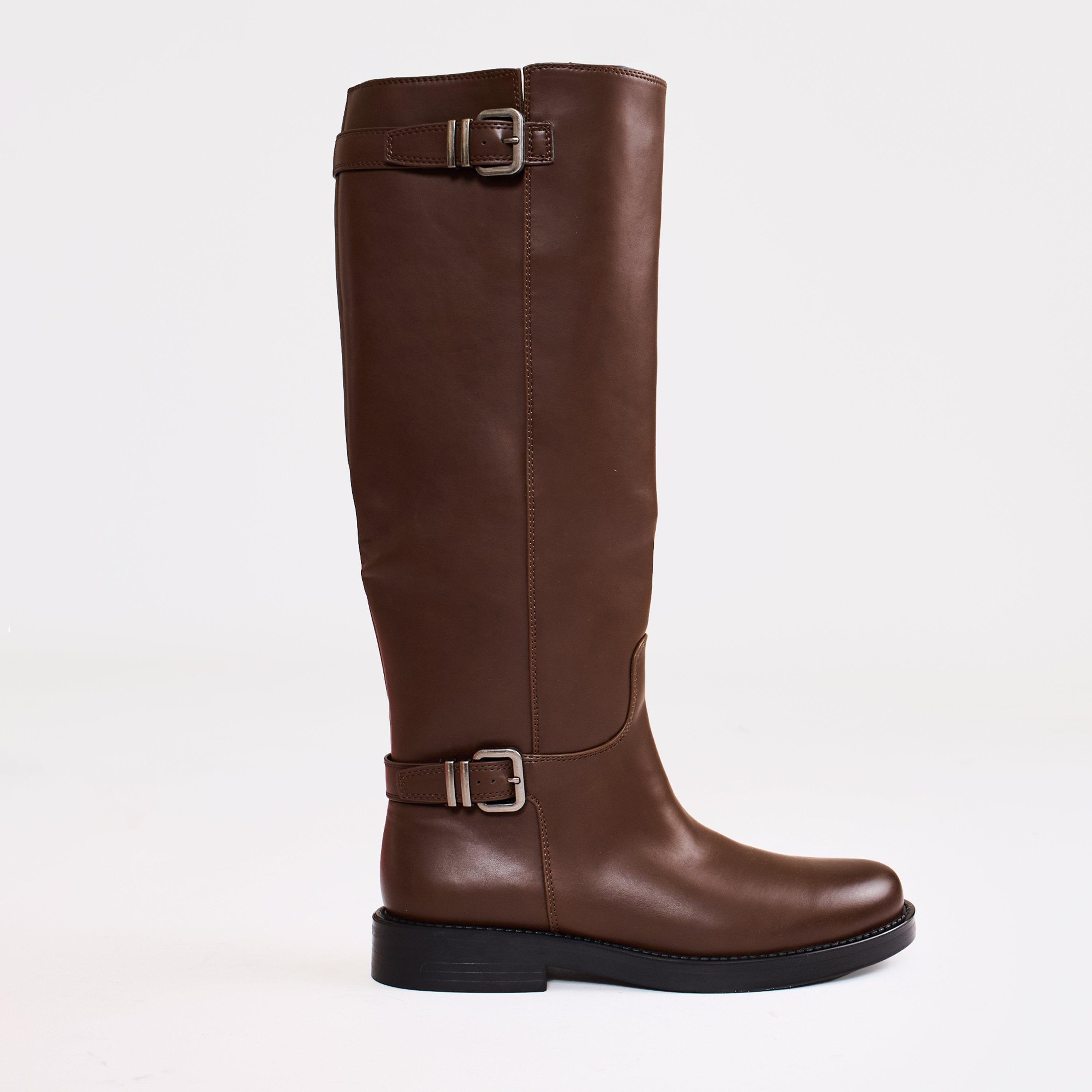 Entry Side Buckle Detail Knee High Boot In Brown Faux Leather, Women’s